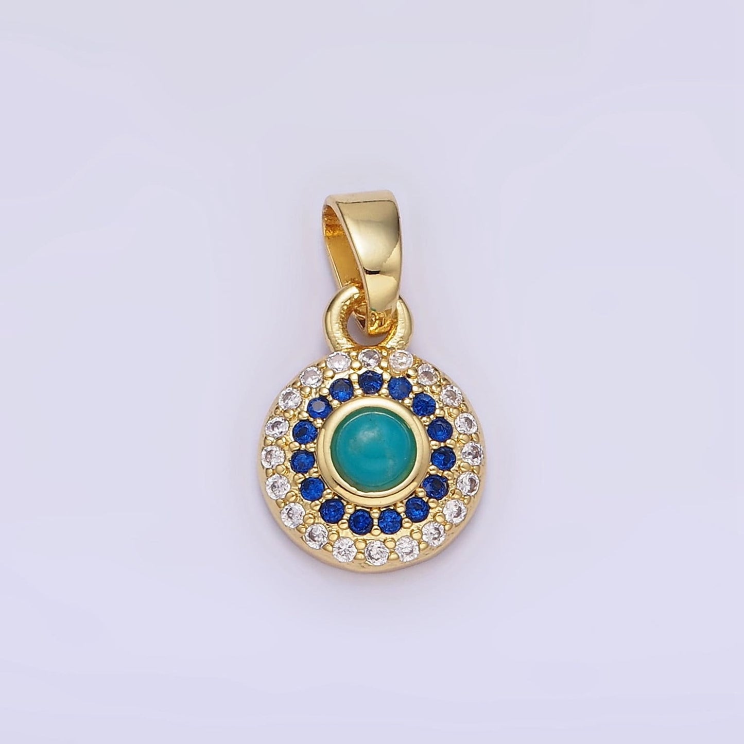 14K Gold Filled Turquoise Gemstone Micro Paved CZ Round Pendant | AH-161