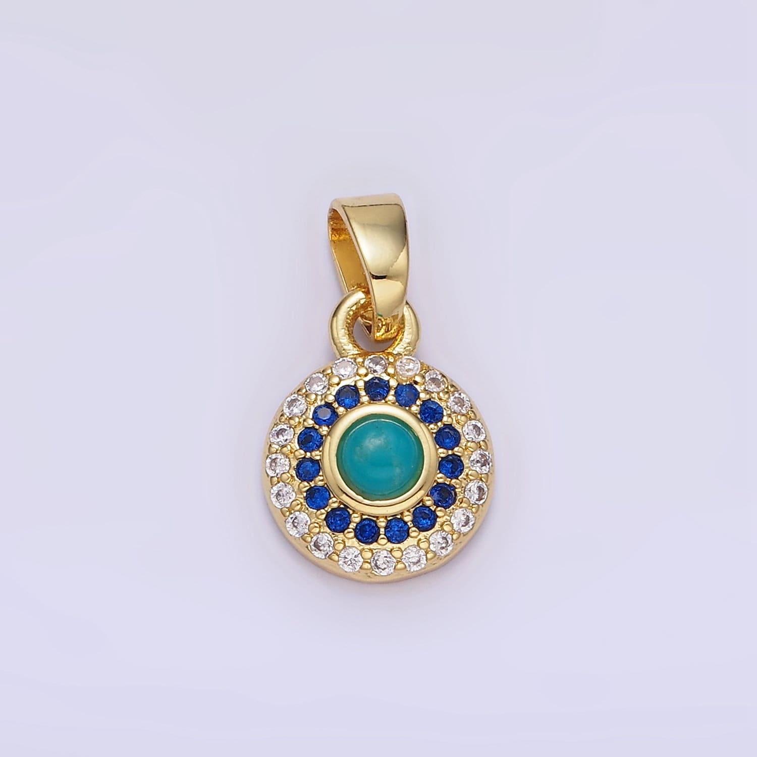 14K Gold Filled Turquoise Gemstone Micro Paved CZ Round Pendant | AH-161