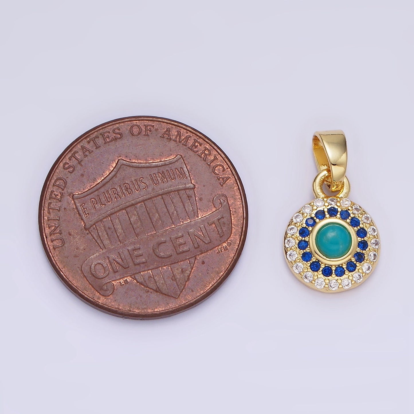14K Gold Filled Turquoise Gemstone Micro Paved CZ Round Pendant | AH-161