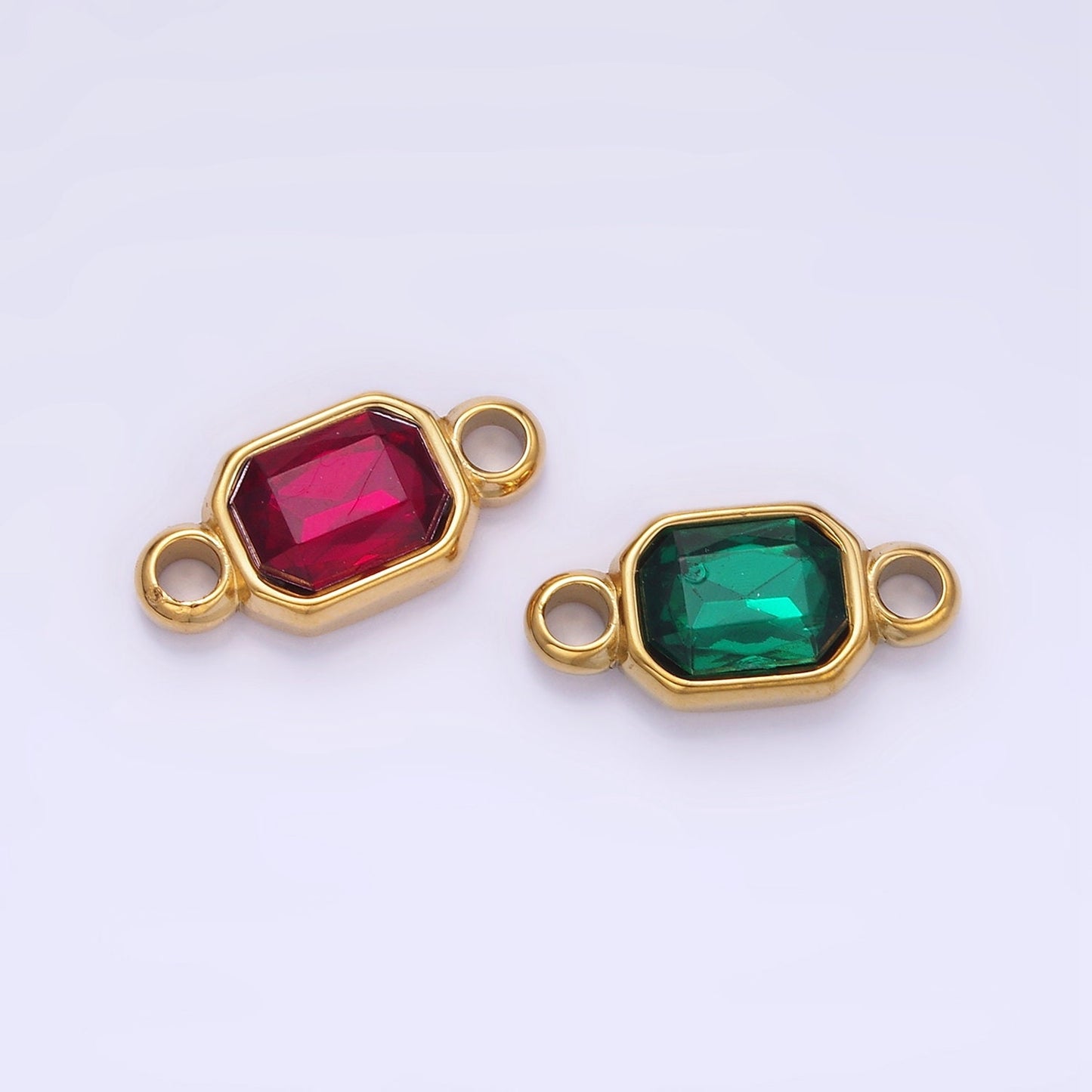 Stainless Steel Green, Red Multifaceted CZ Octagon Bezel Connector | G-362