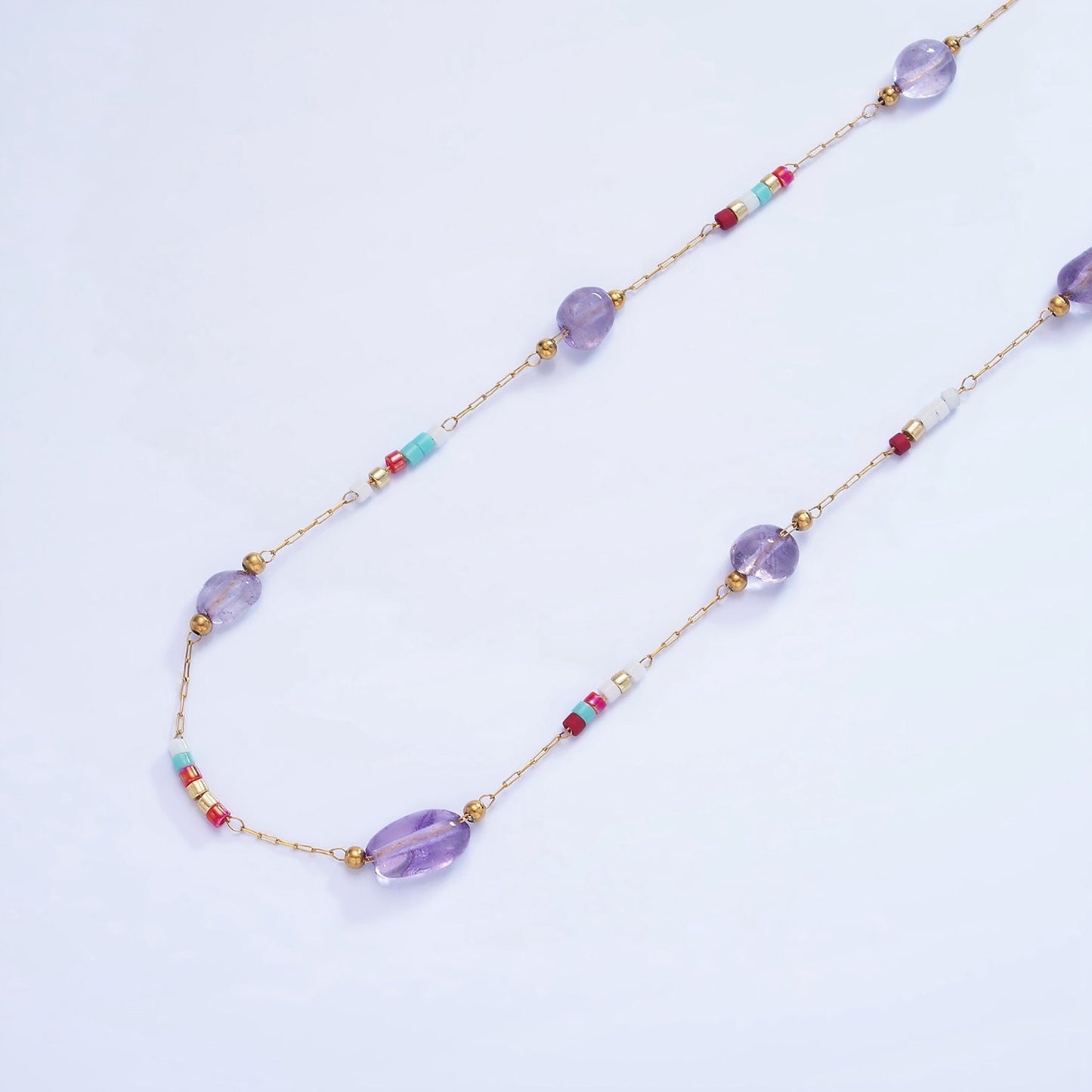 Purple Amethyst Gemstone Beaded Chain on Gold Rosary Cable Chain by Yard | ROLL-1512