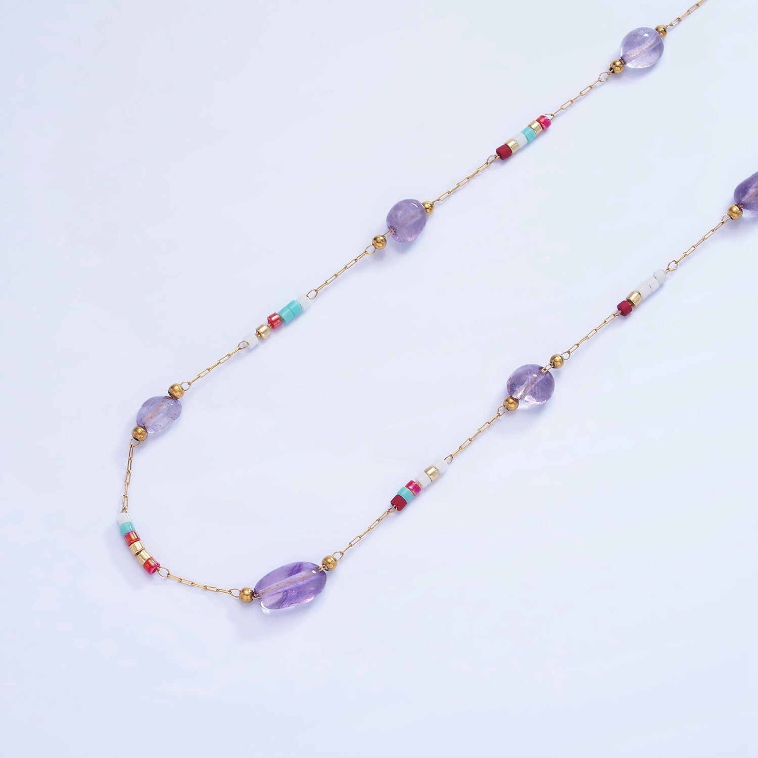 Purple Amethyst Gemstone Beaded Chain on Gold Rosary Cable Chain by Yard | ROLL-1512