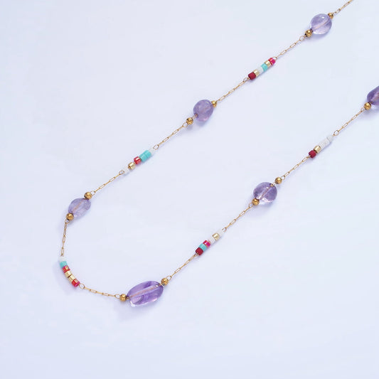 Purple Amethyst Gemstone Beaded Chain on Gold Rosary Cable Chain by Yard | ROLL-1512