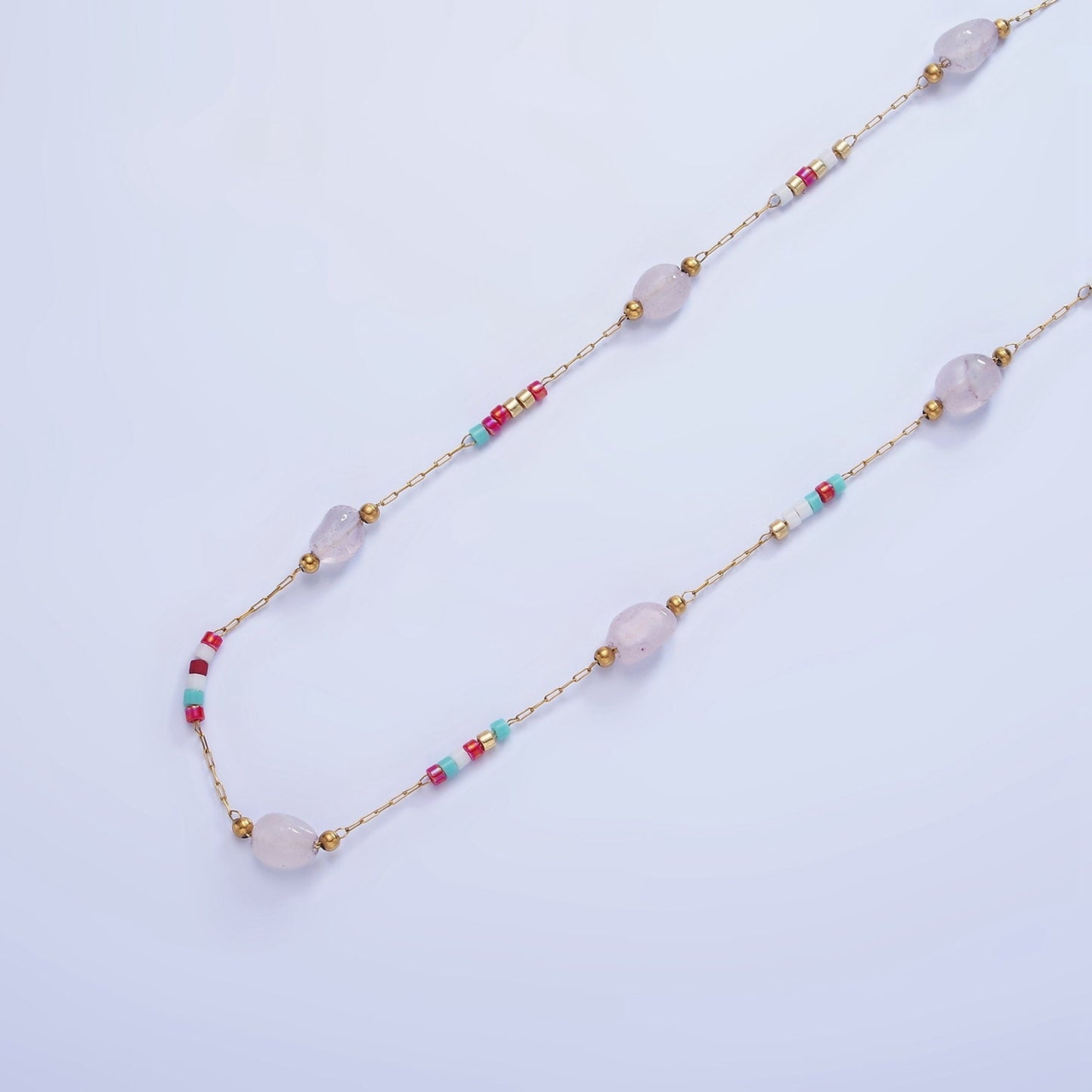 Rose Quartz Gemstone Beaded Chain on Gold Rosary Cable Chain by Yard | ROLL-1511