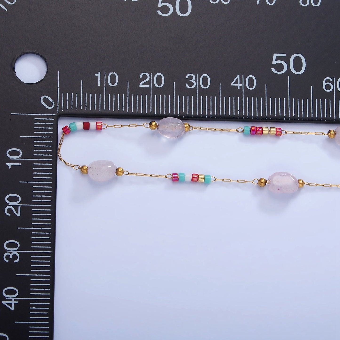 Rose Quartz Gemstone Beaded Chain on Gold Rosary Cable Chain by Yard | ROLL-1511