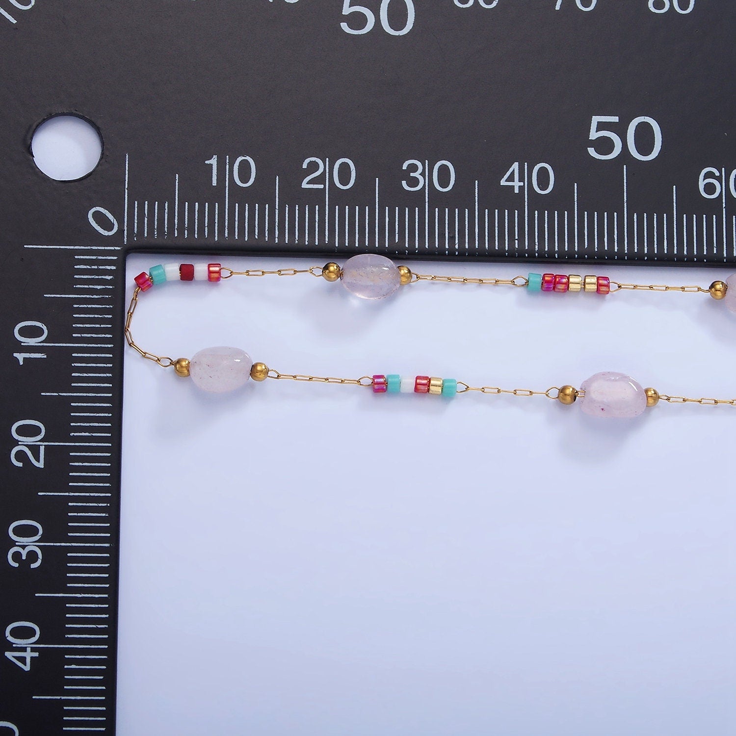 Rose Quartz Gemstone Beaded Chain on Gold Rosary Cable Chain by Yard | ROLL-1511