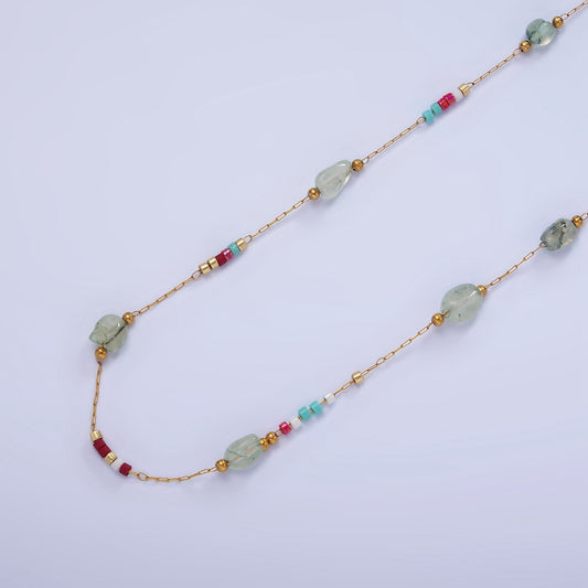 Green Gemstone Beaded Chain on Gold Rosary Paperclip Chain by Yard | ROLL-1499