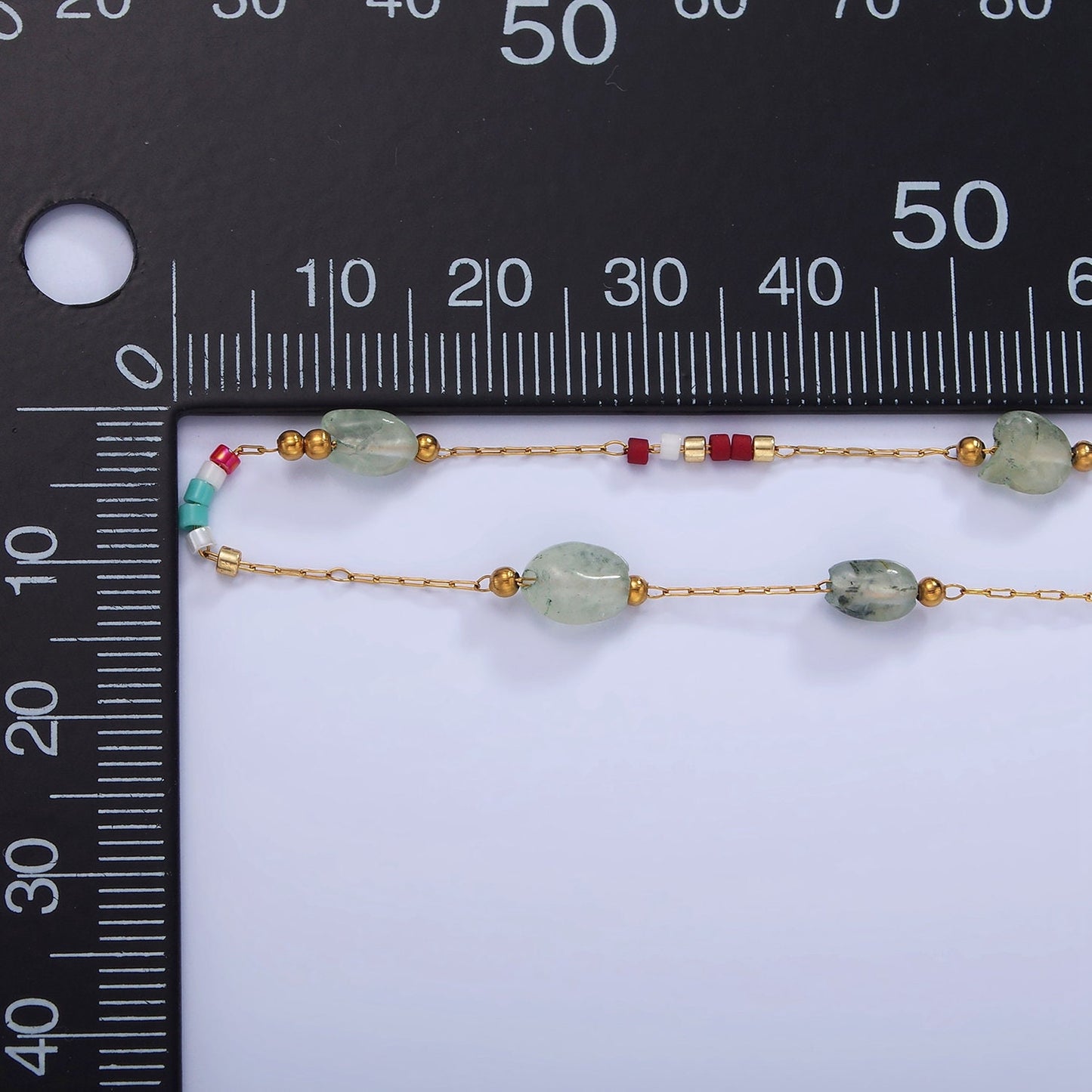 Green Gemstone Beaded Chain on Gold Rosary Paperclip Chain by Yard | ROLL-1499