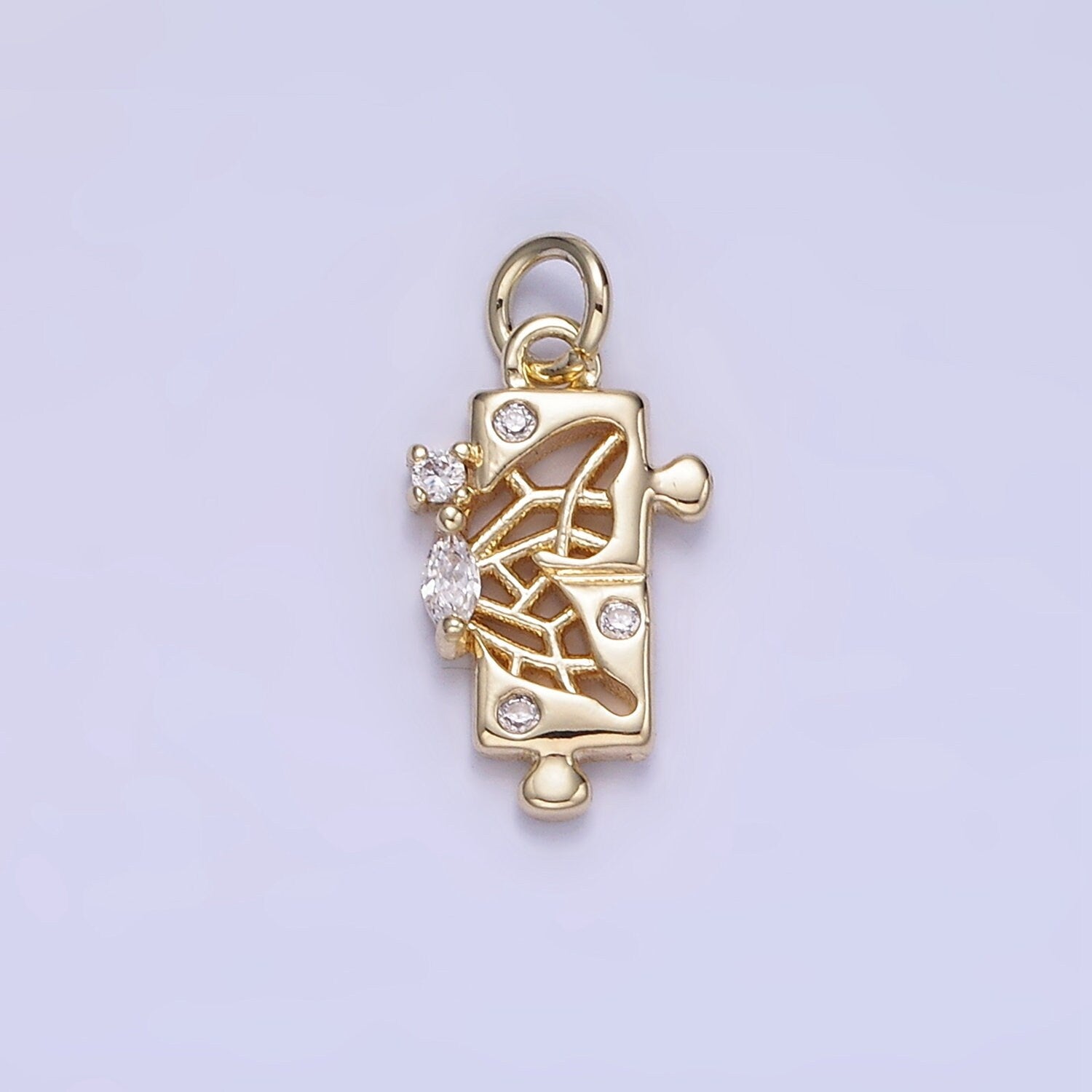 Mini Gold Filled Rectangle Charm Small Puzzle Charm with Clear Cz Stone W649