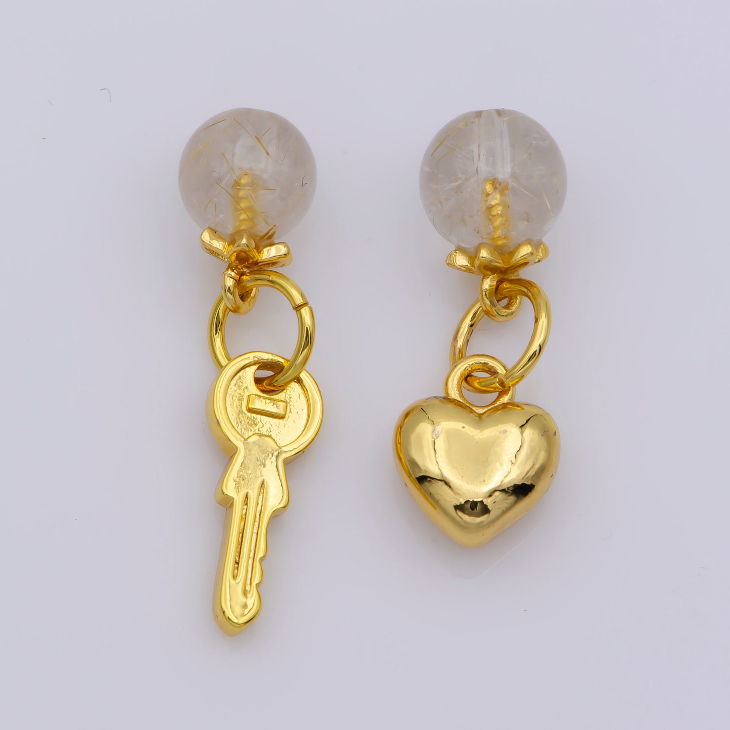 Dainty Gold Key Pendant Charm Mini Gold Heart Charm with Clear Quartz Beads For DIY Jewelry M518-M519