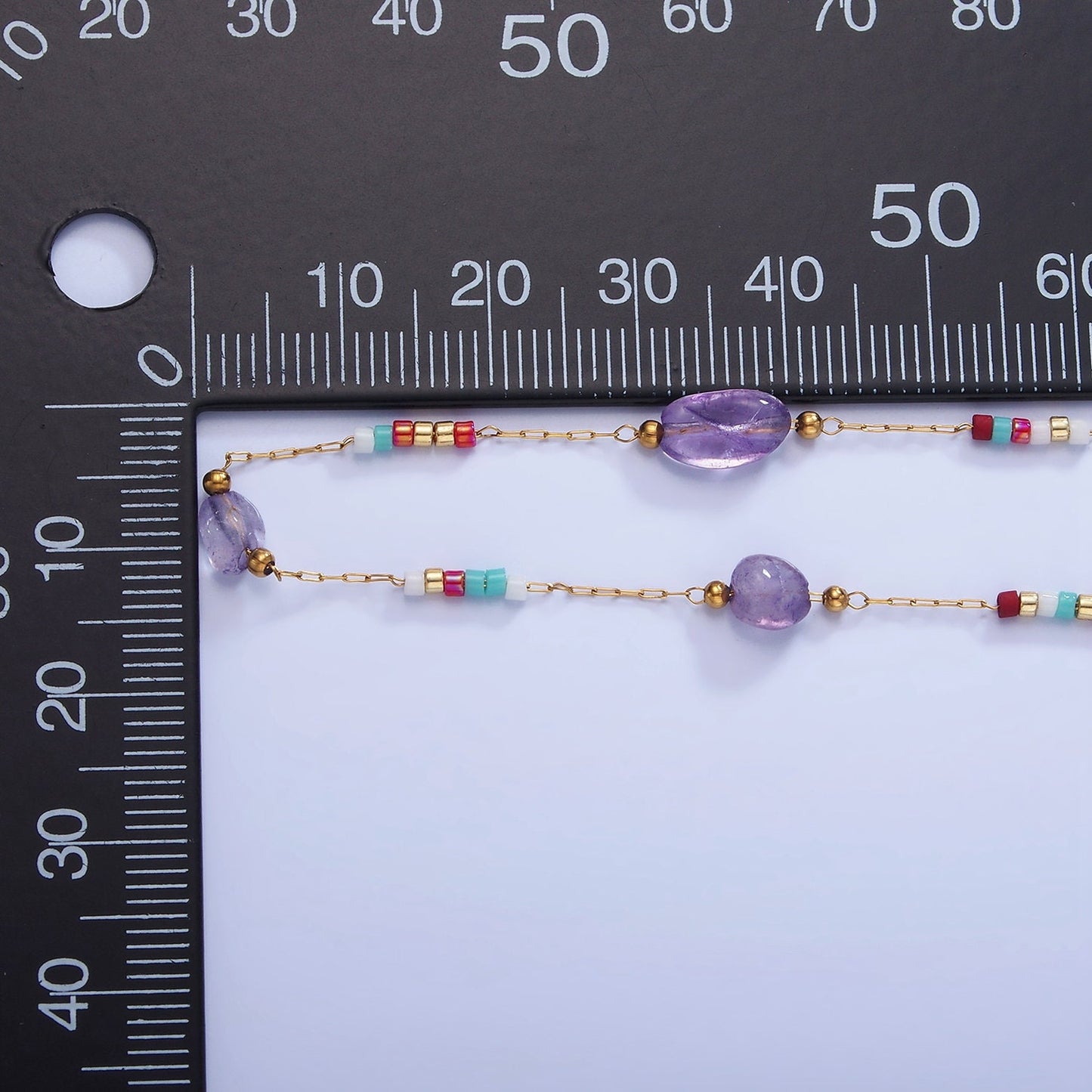 Purple Amethyst Gemstone Beaded Chain on Gold Rosary Cable Chain by Yard | ROLL-1512