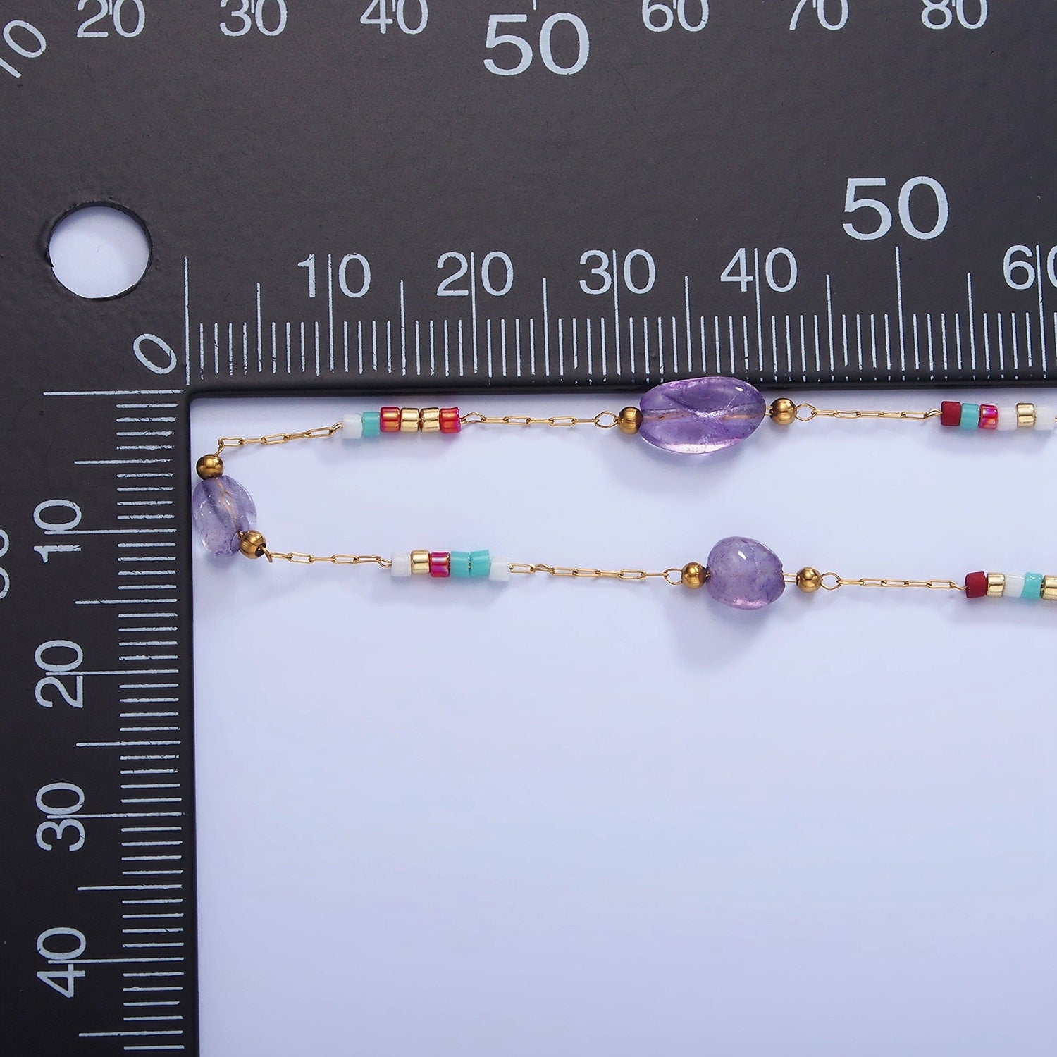 Purple Amethyst Gemstone Beaded Chain on Gold Rosary Cable Chain by Yard | ROLL-1512