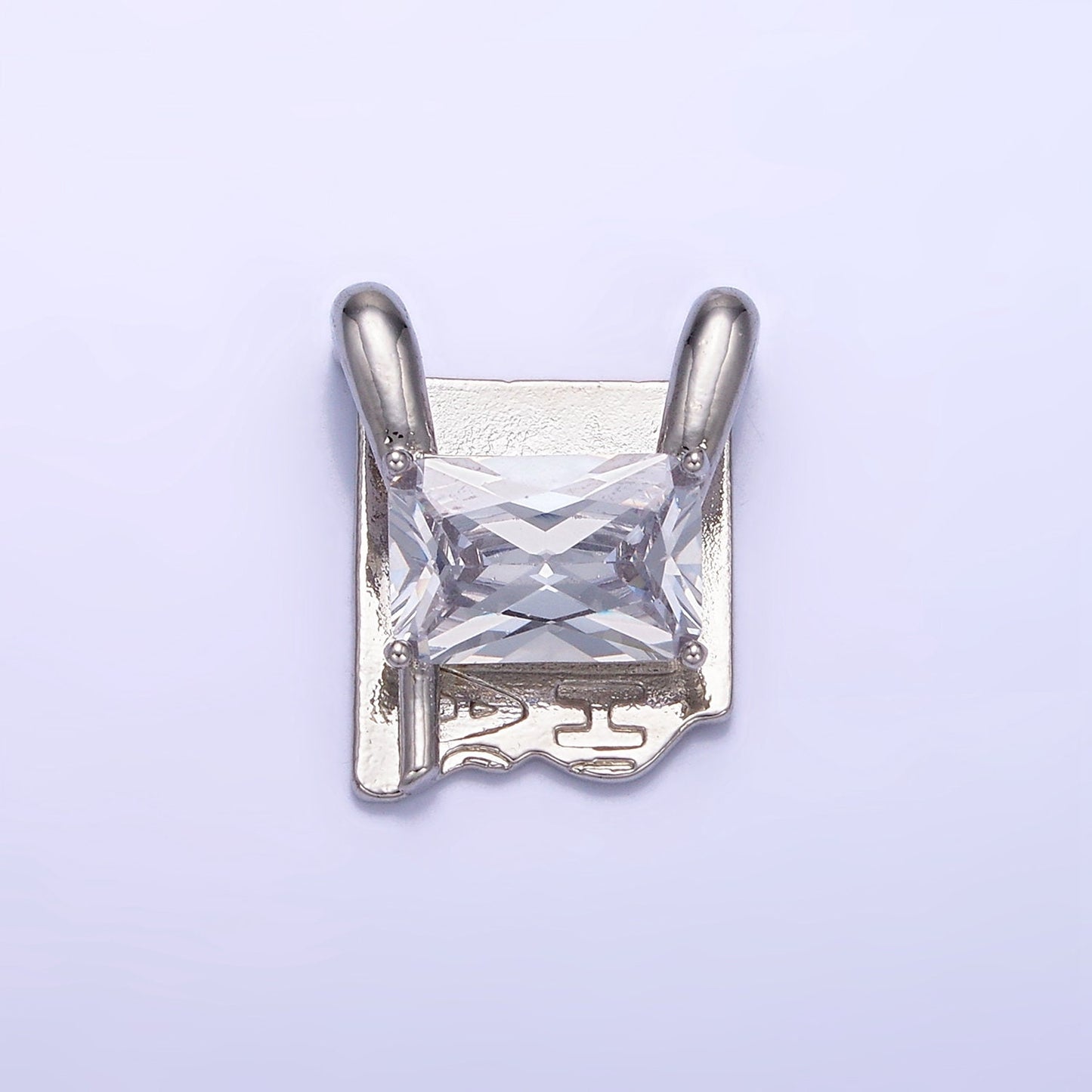 Unique Rustic Silver Square Charm with Clear Emerald Cut Cz Stone for Necklace Charm G378