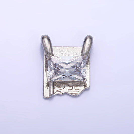 Unique Rustic Silver Square Charm with Clear Emerald Cut Cz Stone for Necklace Charm G378
