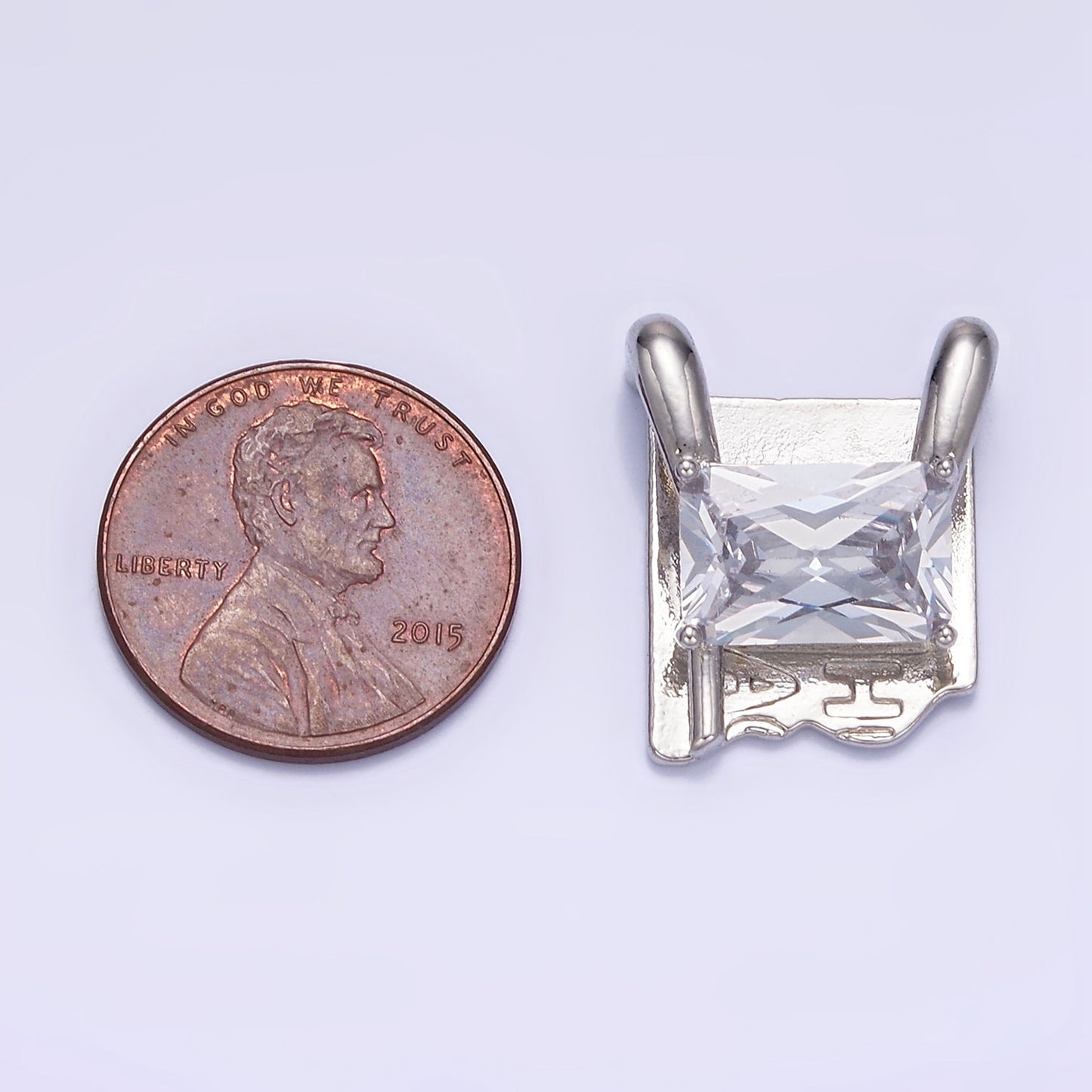 Unique Rustic Silver Square Charm with Clear Emerald Cut Cz Stone for Necklace Charm G378