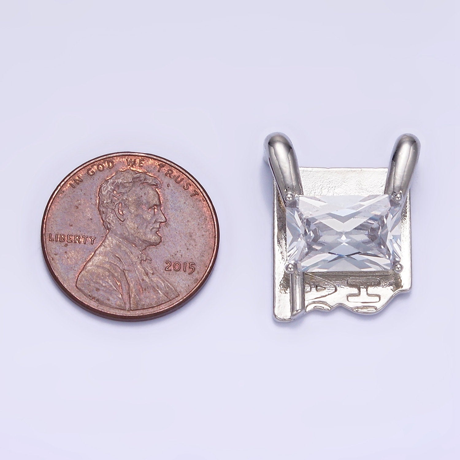 Unique Rustic Silver Square Charm with Clear Emerald Cut Cz Stone for Necklace Charm G378