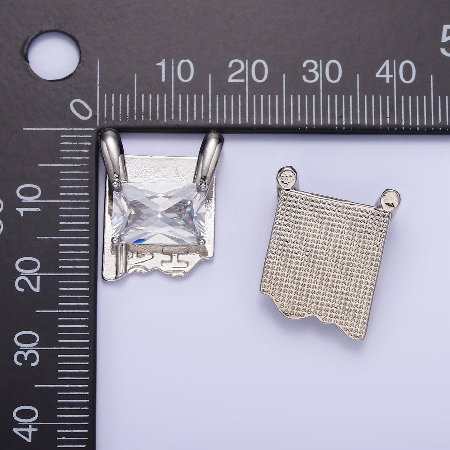 Unique Rustic Silver Square Charm with Clear Emerald Cut Cz Stone for Necklace Charm G378