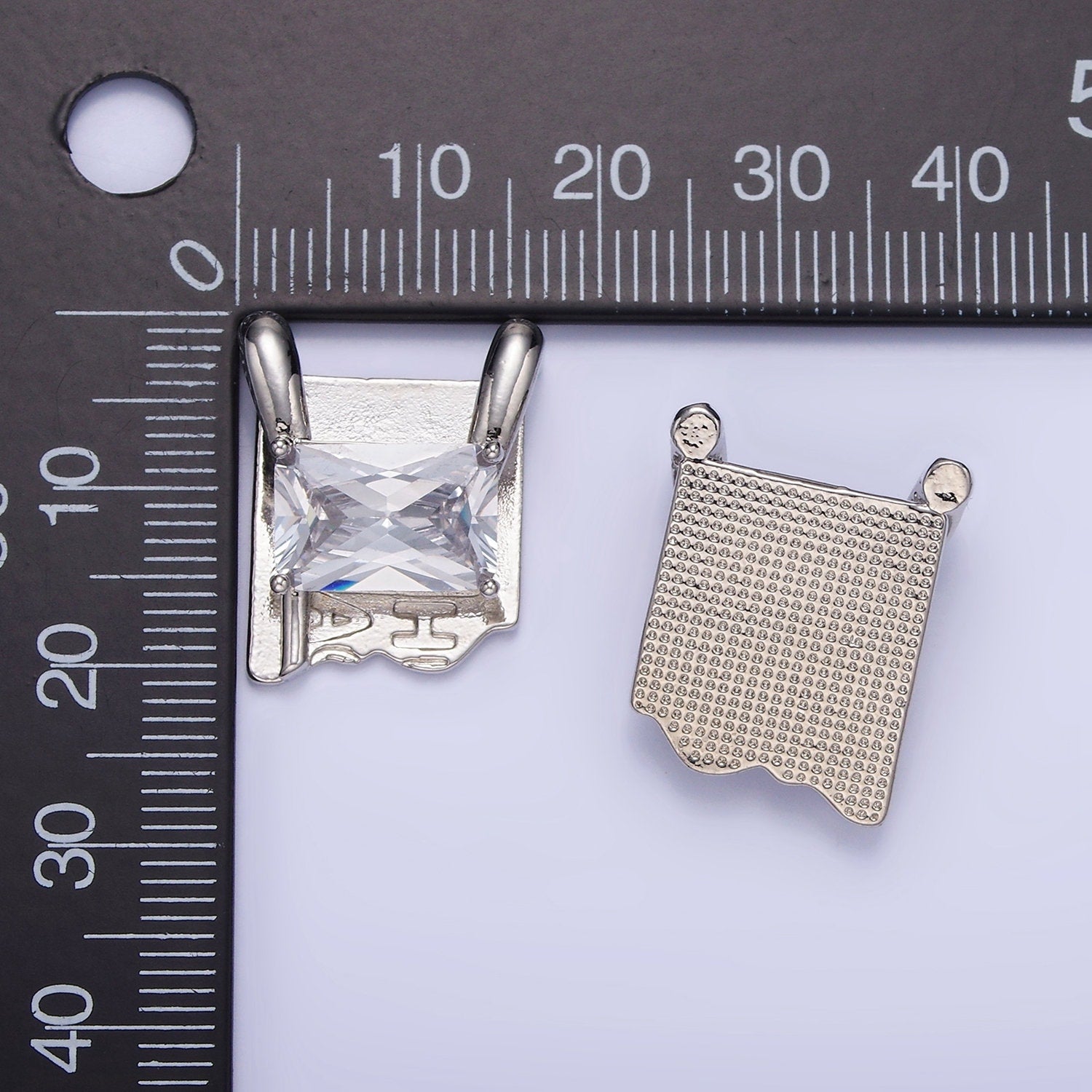 Unique Rustic Silver Square Charm with Clear Emerald Cut Cz Stone for Necklace Charm G378