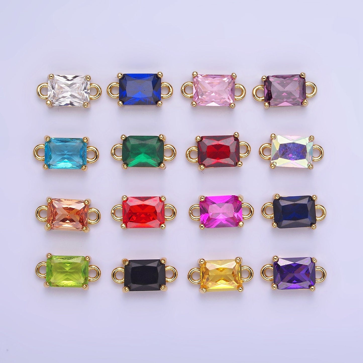 6mm Gold Filled Emerald Cut Charm Connectors Cubic Zirconia Rectangle Charm for Bracelet Necklace Supply CZ Birthstone Connectors G406