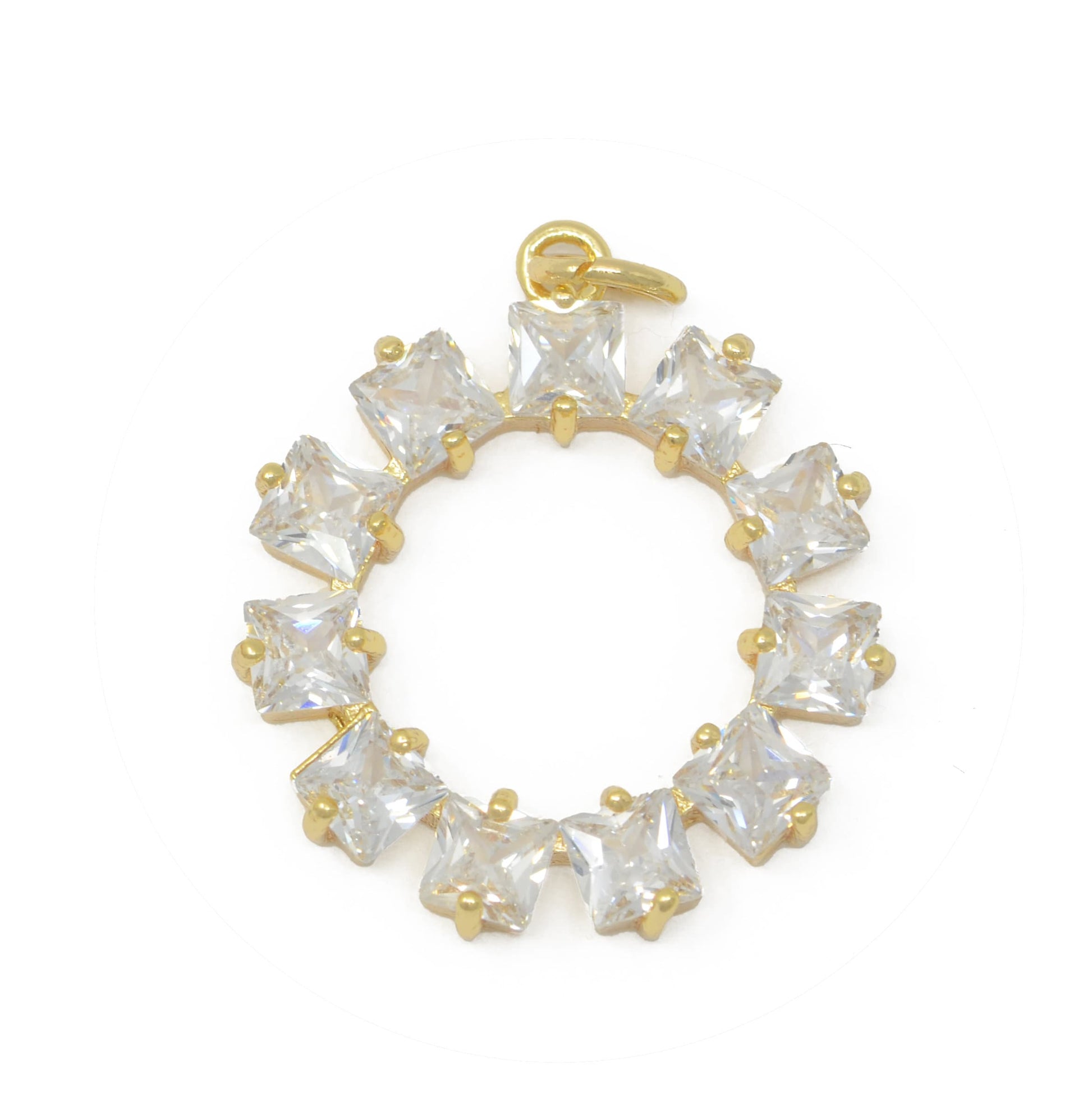 18K Gold Filled Wreath Crystal Round Charm Dainty Circle Medallion Open Circle Pendant M-385