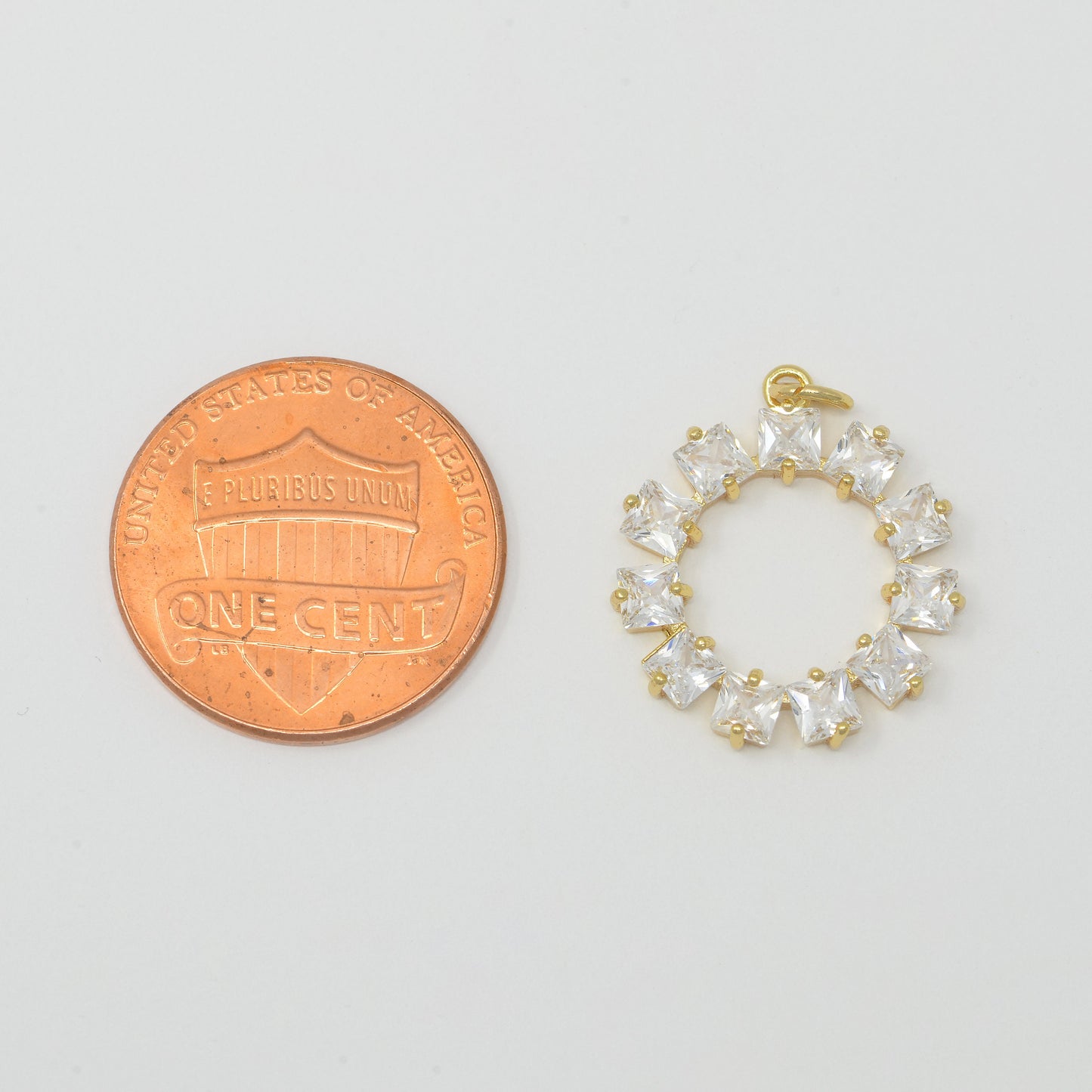 18K Gold Filled Wreath Crystal Round Charm Dainty Circle Medallion Open Circle Pendant M-385