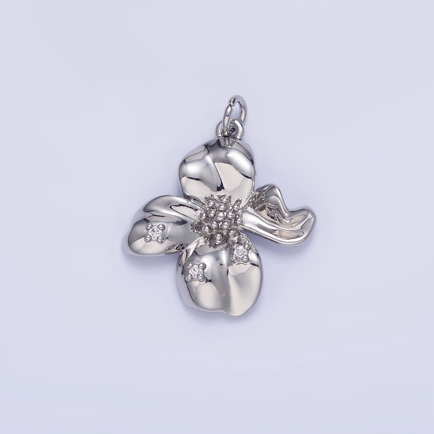 Dainty Molten Silver Flower Charm Clear Micro Pave Abstract Hibiscus Charm Floral Jewelry Inspired c242