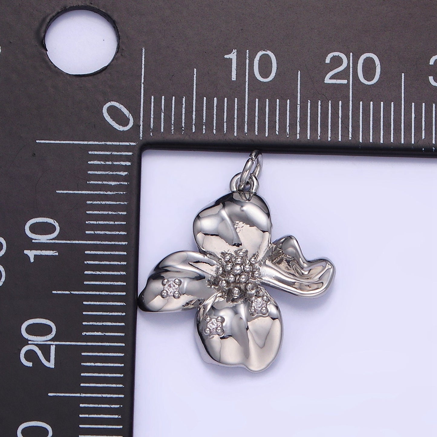 Dainty Molten Silver Flower Charm Clear Micro Pave Abstract Hibiscus Charm Floral Jewelry Inspired c242