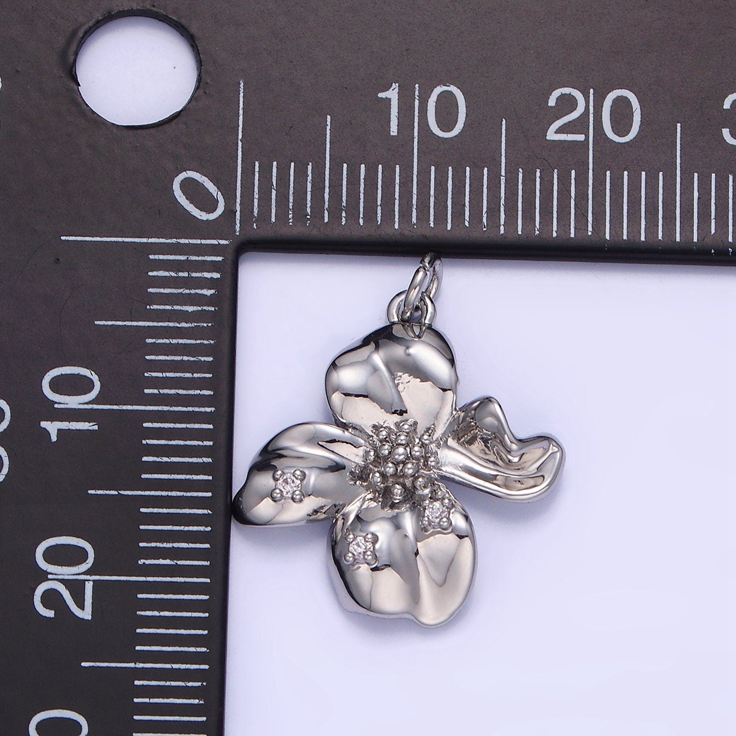 Dainty Molten Silver Flower Charm Clear Micro Pave Abstract Hibiscus Charm Floral Jewelry Inspired c242