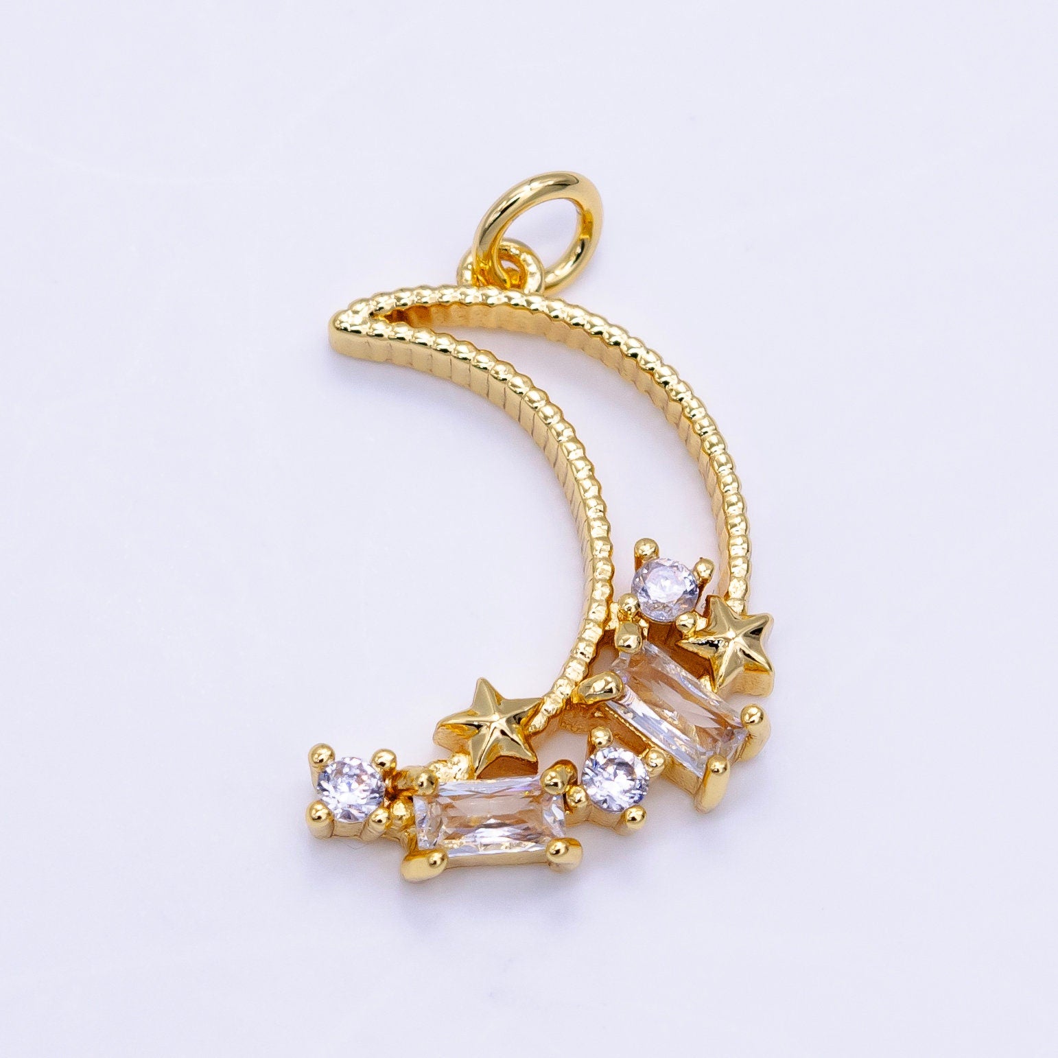Micro Pave CZ Planet of the Universe Pendant gold Charm, Star Orbit Galaxy, World Celestial Crescent Moon DIY Jewelry Necklace D-036