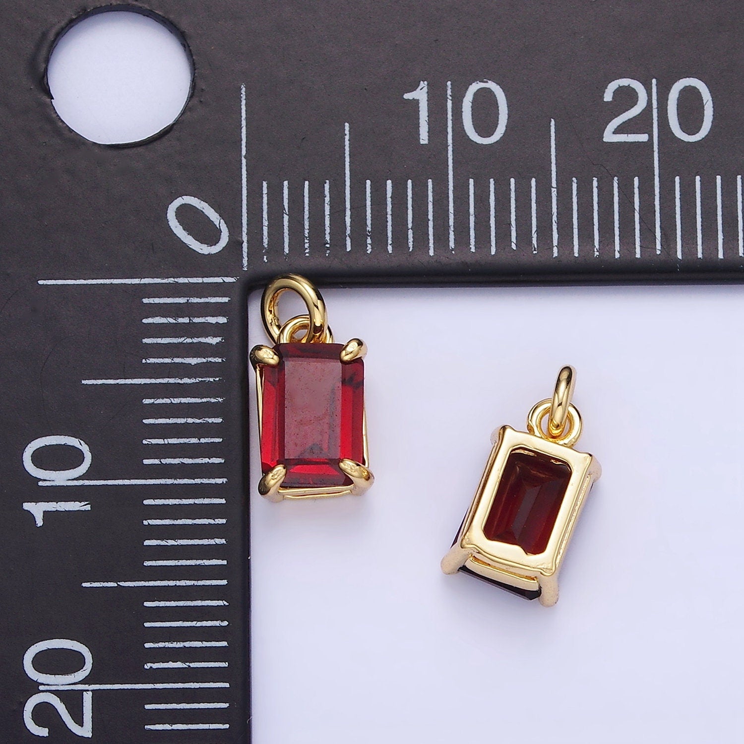 Red Ruby Emerald Cut 24k Gold Filled Charm Red Cubic Zirconia Charm for July Birthstone Jewelry Making Findings C446