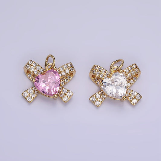 24K Gold Filled Pink, Clear CZ Micro Paved Ribbon Charm | D285