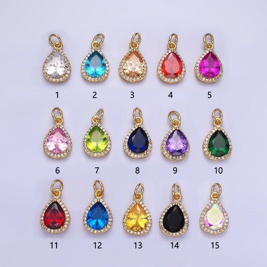 Dainty Gold Birthstone Charm, Teardrop Crystal Micro Pave Bracelet Charm Personalized Jewelry Necklace Charm DIY Jewelry Component W696