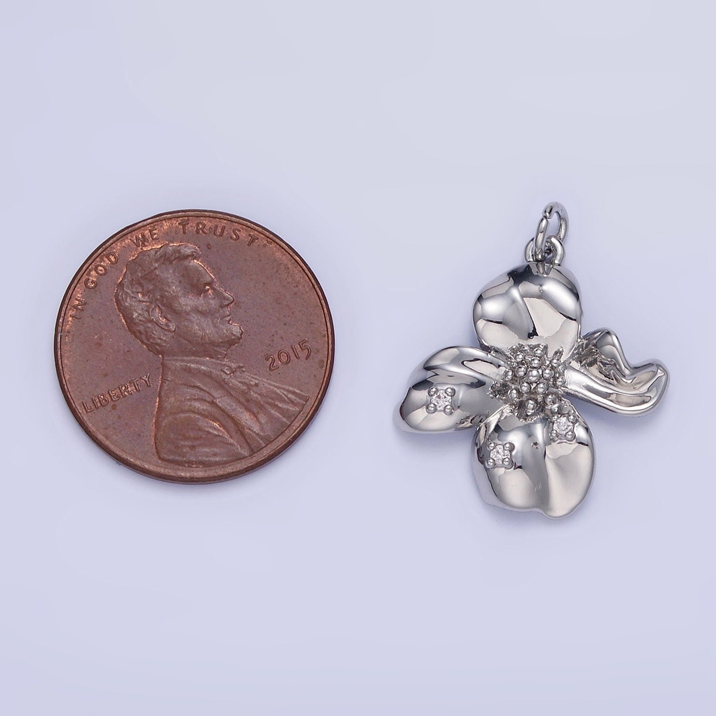 Dainty Molten Silver Flower Charm Clear Micro Pave Abstract Hibiscus Charm Floral Jewelry Inspired c242