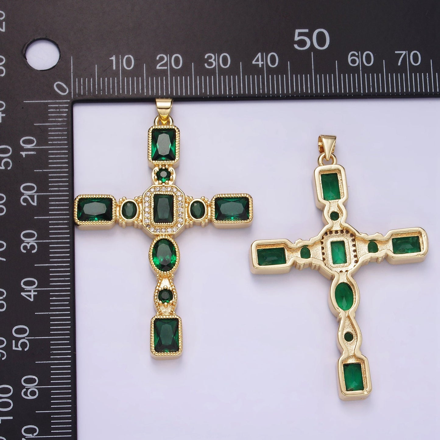 Big 24K Gold Filled Cross Pendant Emerald Green Cubic Zirconia CZ Christian Catholic Jewelry Supply H-380