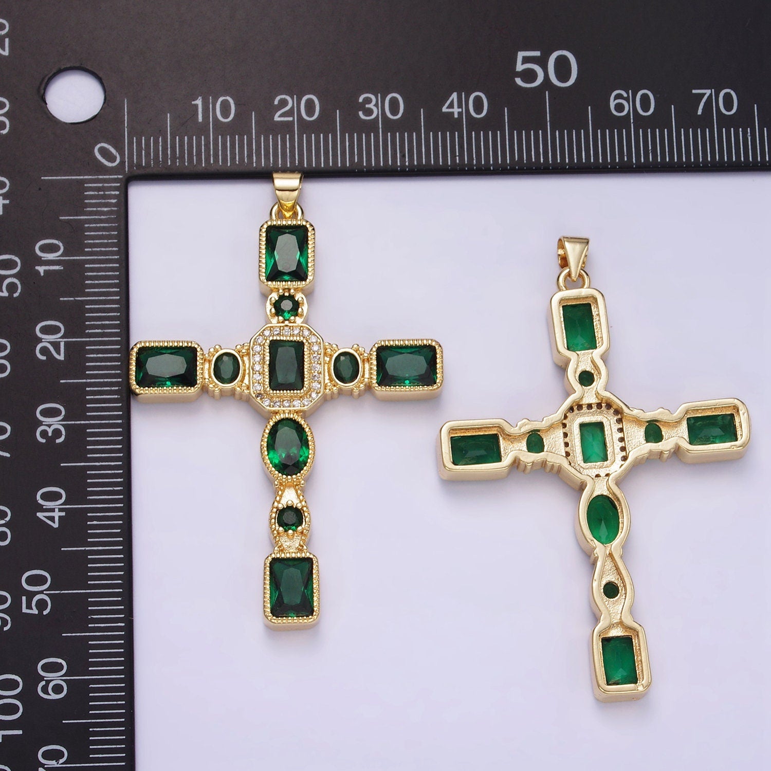 Big 24K Gold Filled Cross Pendant Emerald Green Cubic Zirconia CZ Christian Catholic Jewelry Supply H-380