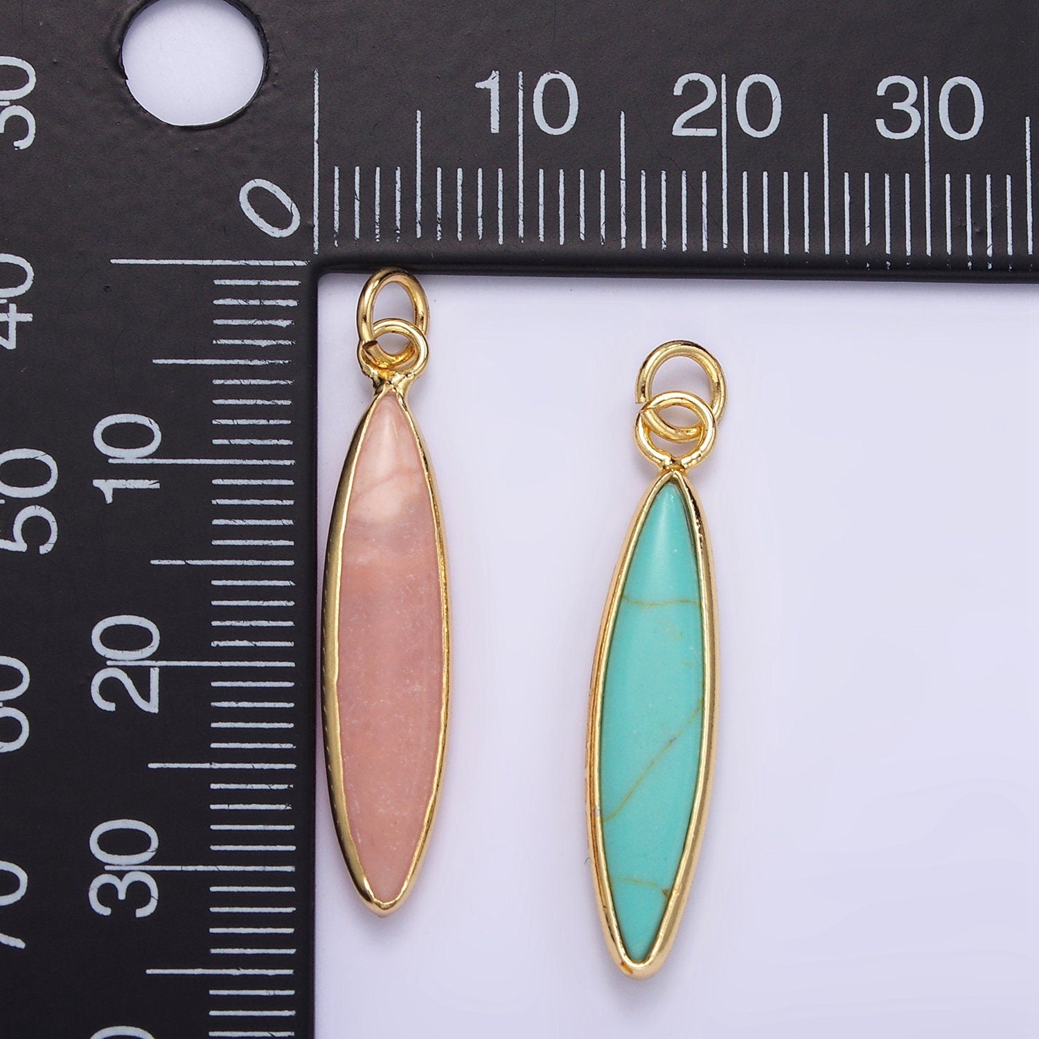 14K Gold Filled Turquoise Strawberry Quartz Gemstone Thin Long Oval Drop Charm Pendant | D560