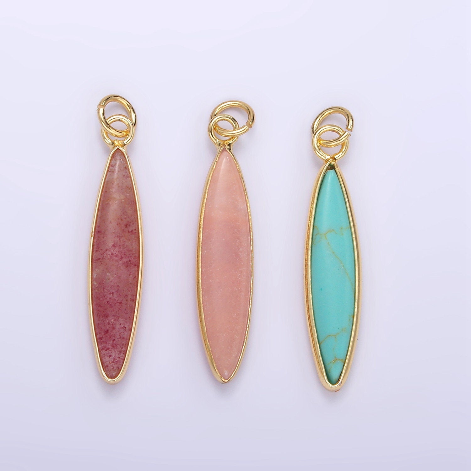 14K Gold Filled Turquoise Strawberry Quartz Gemstone Thin Long Oval Drop Charm Pendant | D560