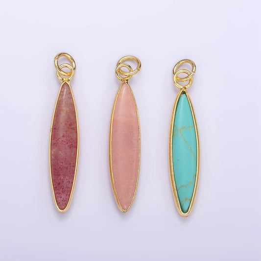 14K Gold Filled Turquoise Strawberry Quartz Gemstone Thin Long Oval Drop Charm Pendant | D560