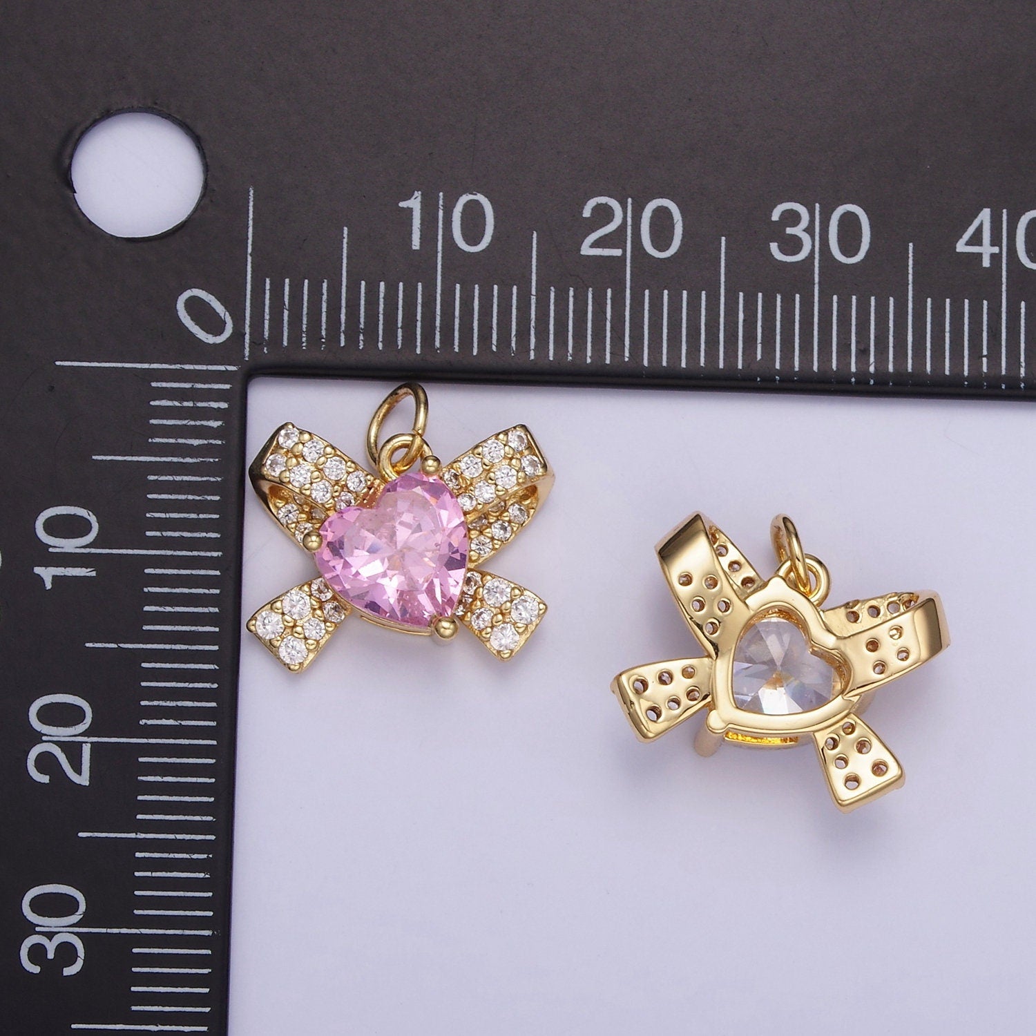 24K Gold Filled Pink, Clear CZ Micro Paved Ribbon Charm | D285