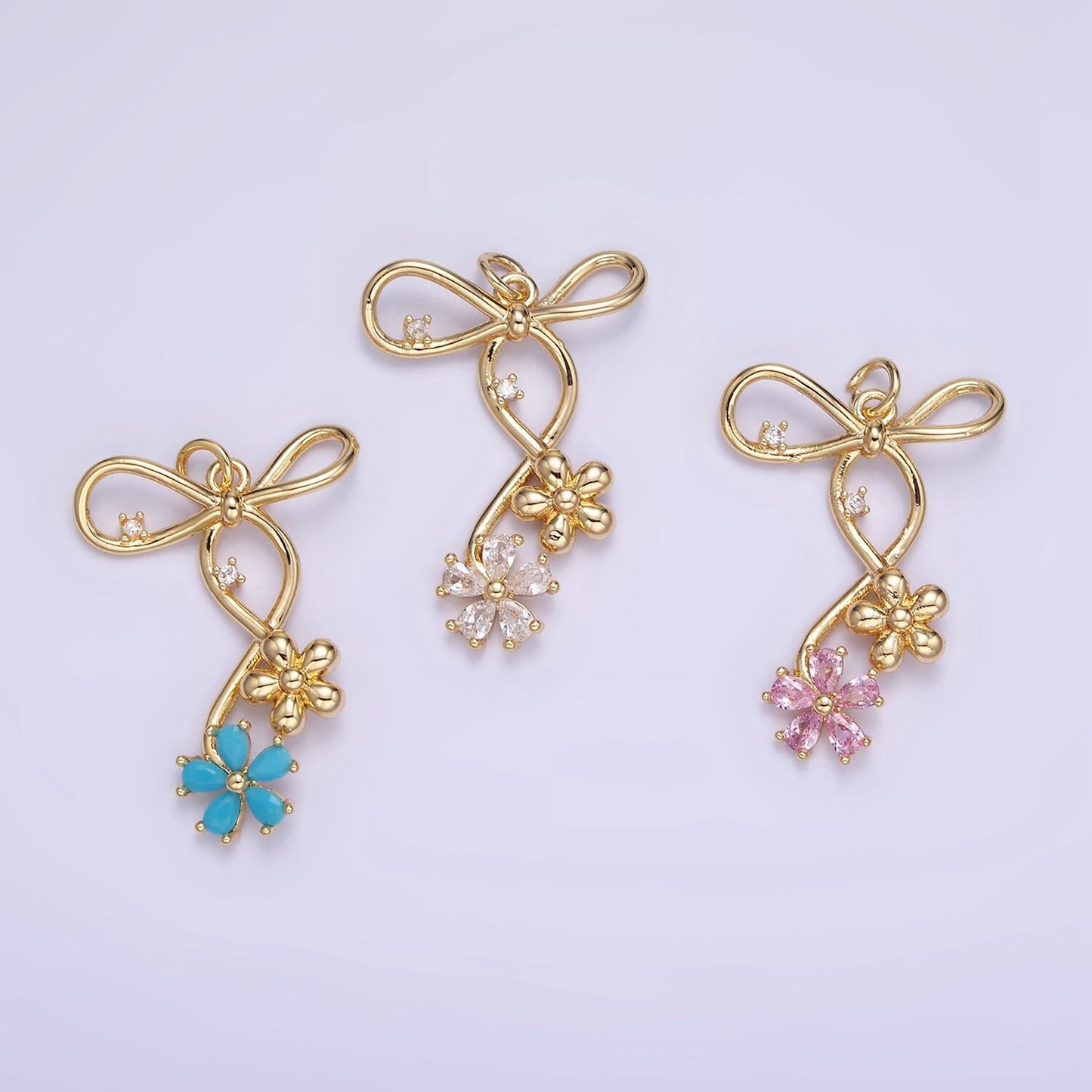 Gold Bow Charm Mini Flower CZ Cluster Charm Cubic Zirconina Jewelry Pendant Kawaii Charm for Jewelry Supply W770