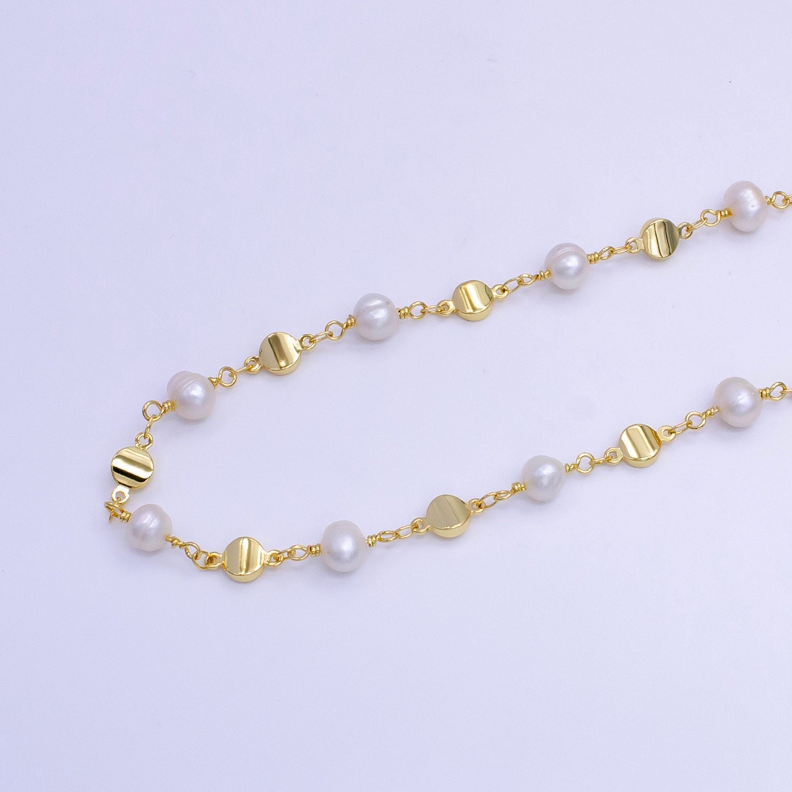 Gold Triple Round Disc White Freshwater Pearl Designed Unfinished Chain For Jewelry Making | ROLL-1411