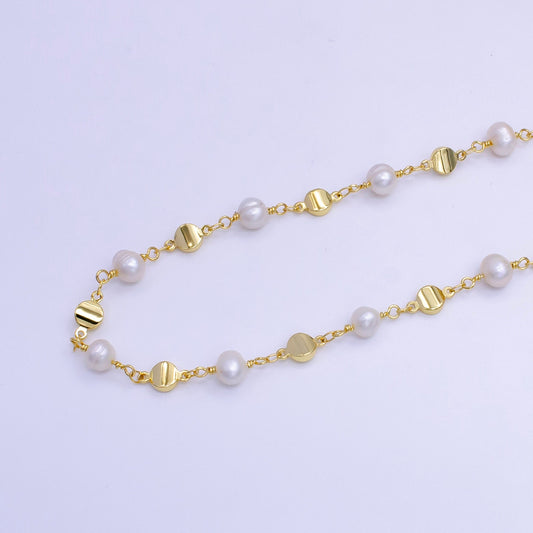 Gold Triple Round Disc White Freshwater Pearl Designed Unfinished Chain For Jewelry Making | ROLL-1411