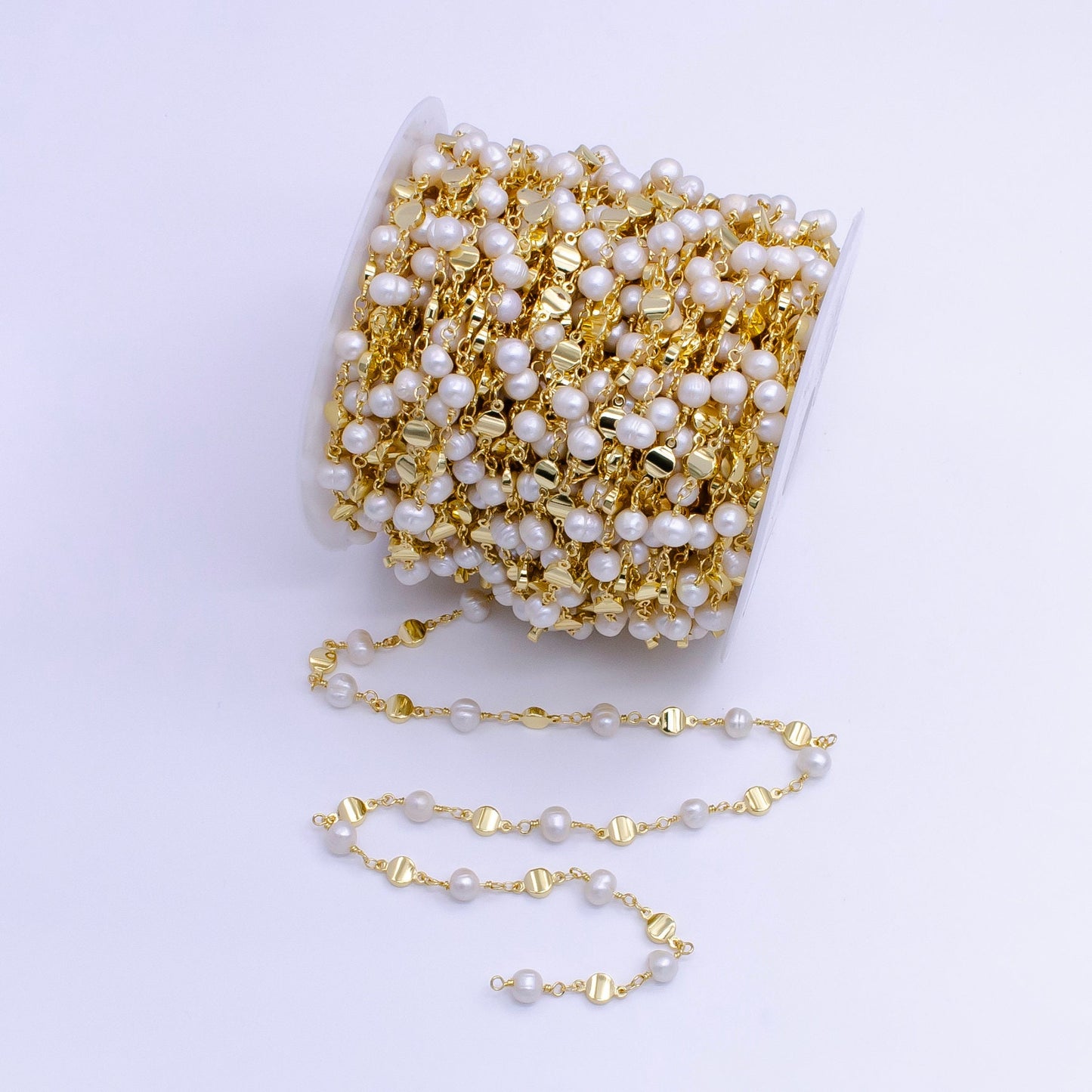 Gold Triple Round Disc White Freshwater Pearl Designed Unfinished Chain For Jewelry Making | ROLL-1411