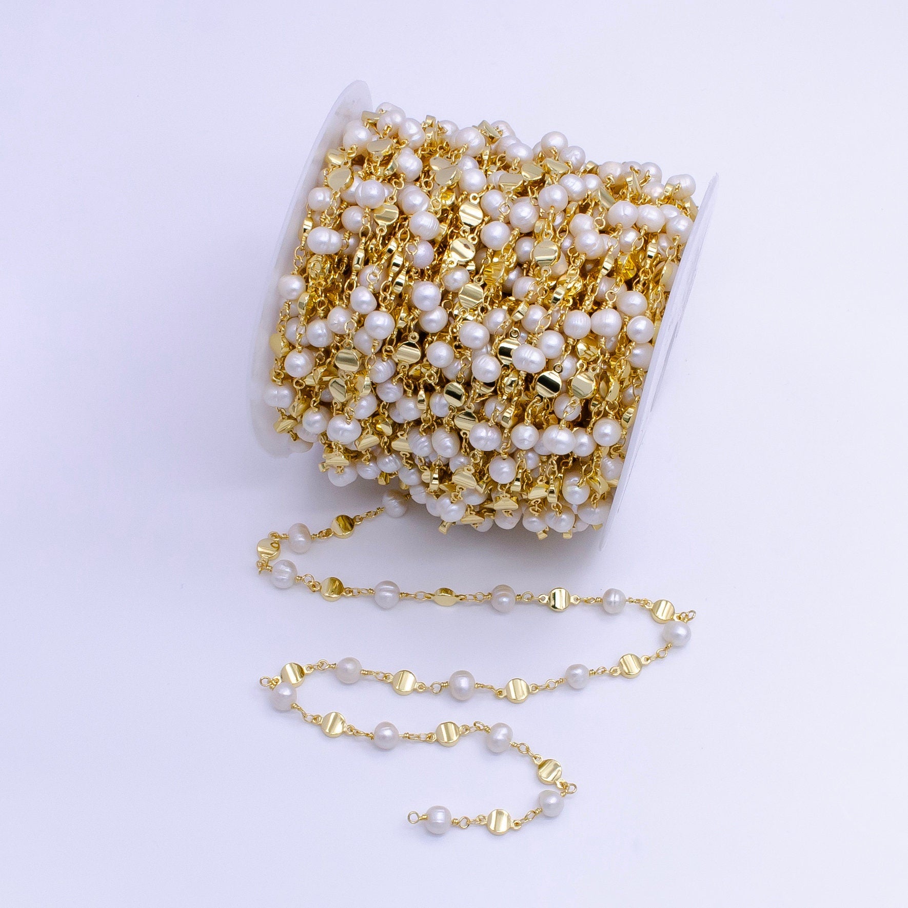 Gold Triple Round Disc White Freshwater Pearl Designed Unfinished Chain For Jewelry Making | ROLL-1411