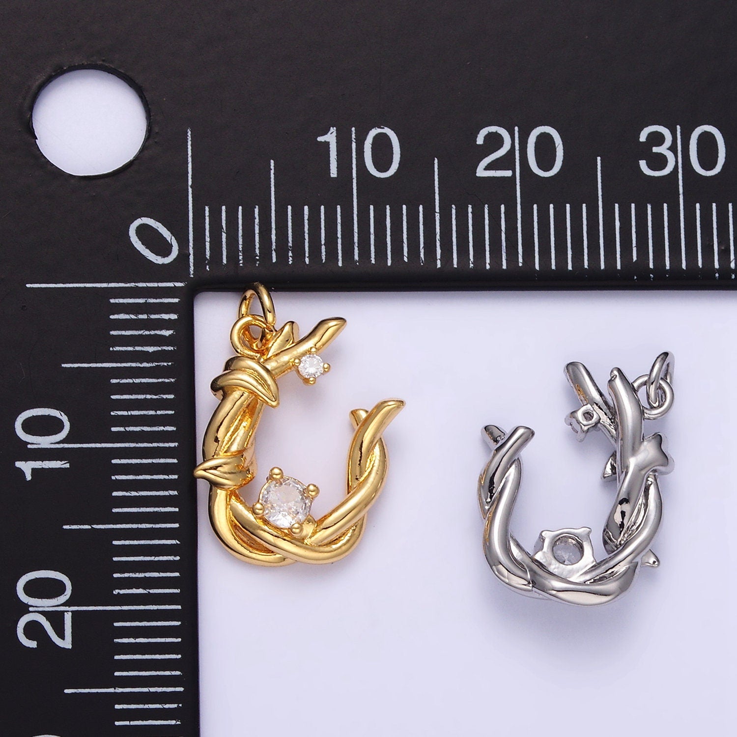 24K Gold Filled CZ U-Shaped Vine Horseshoe Charm in Gold & Silver | AG846