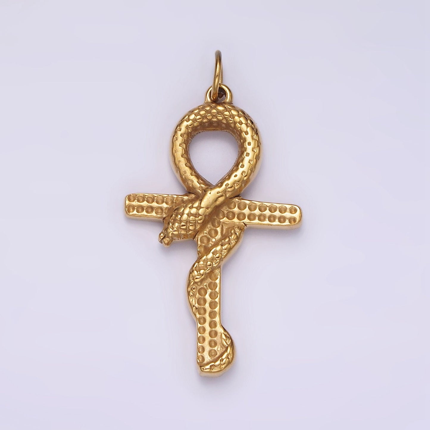 Tarnish Free Gold Stainless Steel Scaled Snake Serpent Ankh Egyptian Religious Cross Pendant | P-1234