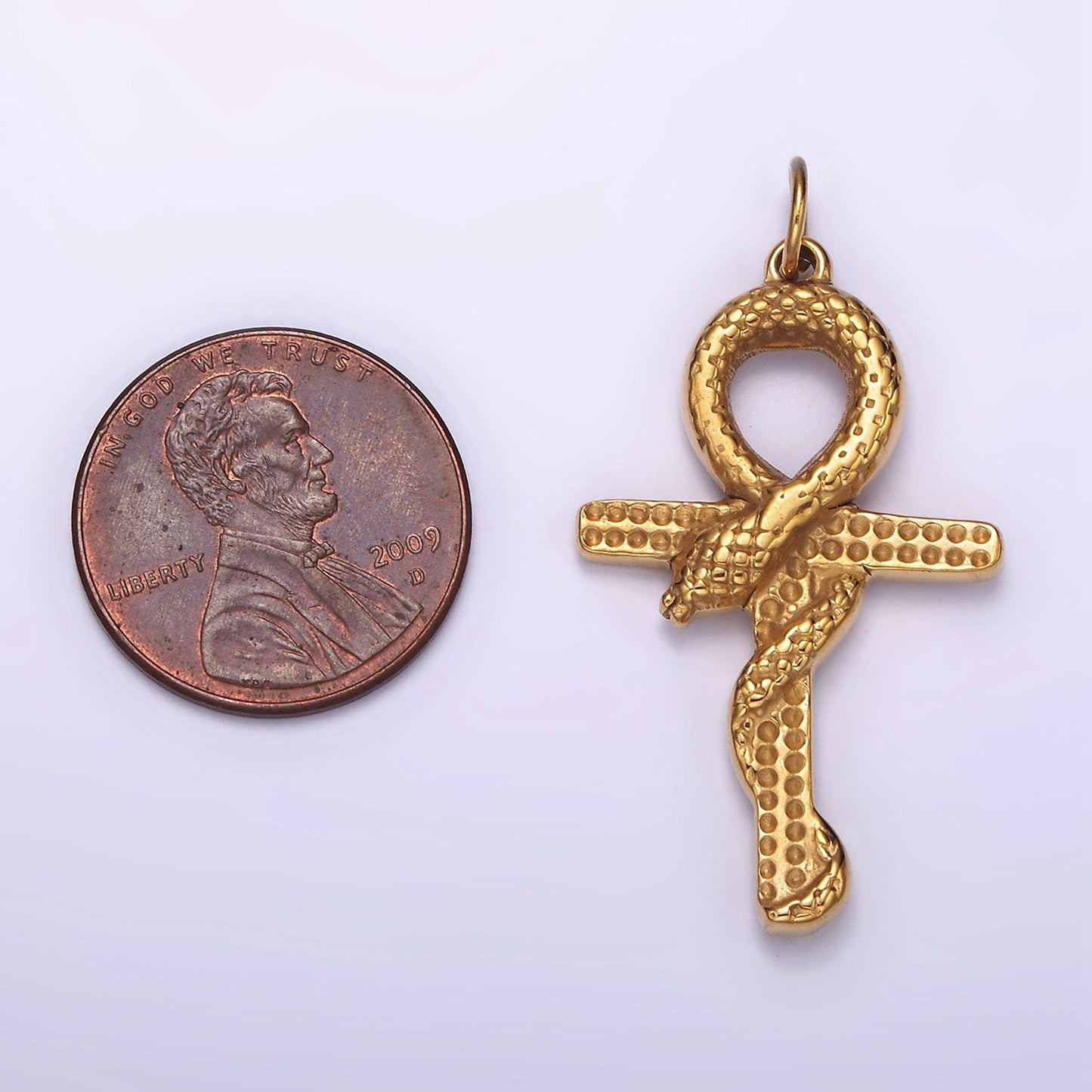 Tarnish Free Gold Stainless Steel Scaled Snake Serpent Ankh Egyptian Religious Cross Pendant | P-1234