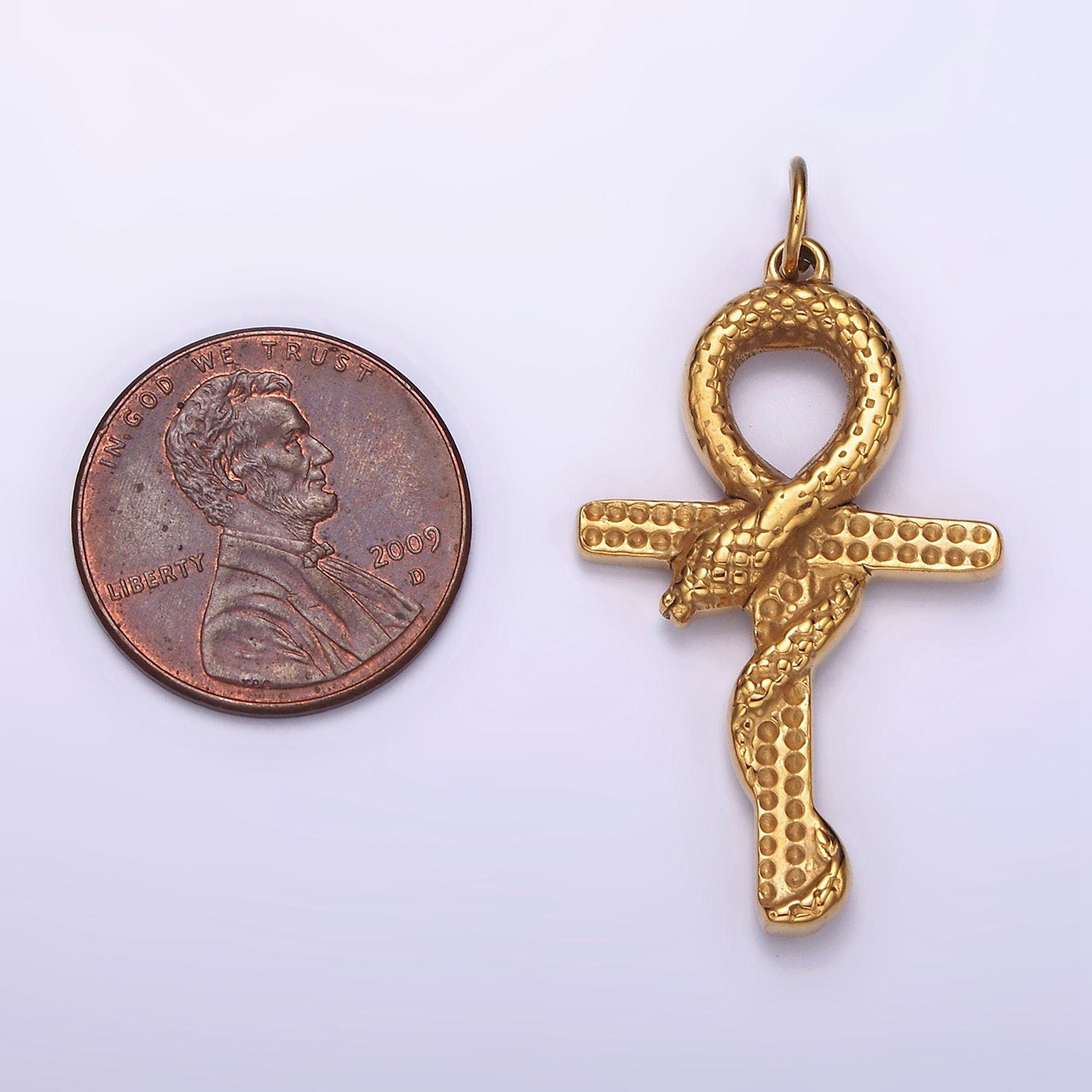 Tarnish Free Gold Stainless Steel Scaled Snake Serpent Ankh Egyptian Religious Cross Pendant | P-1234