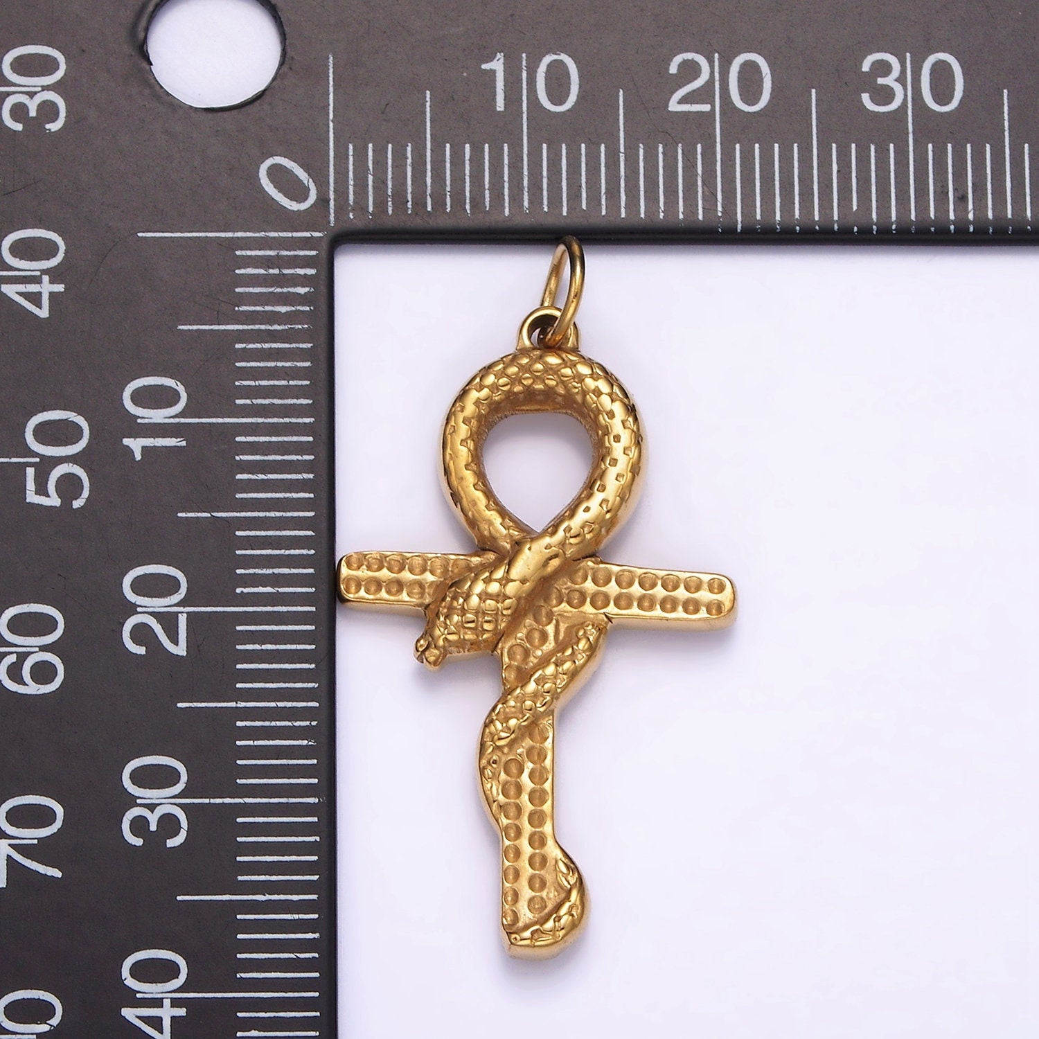Tarnish Free Gold Stainless Steel Scaled Snake Serpent Ankh Egyptian Religious Cross Pendant | P-1234