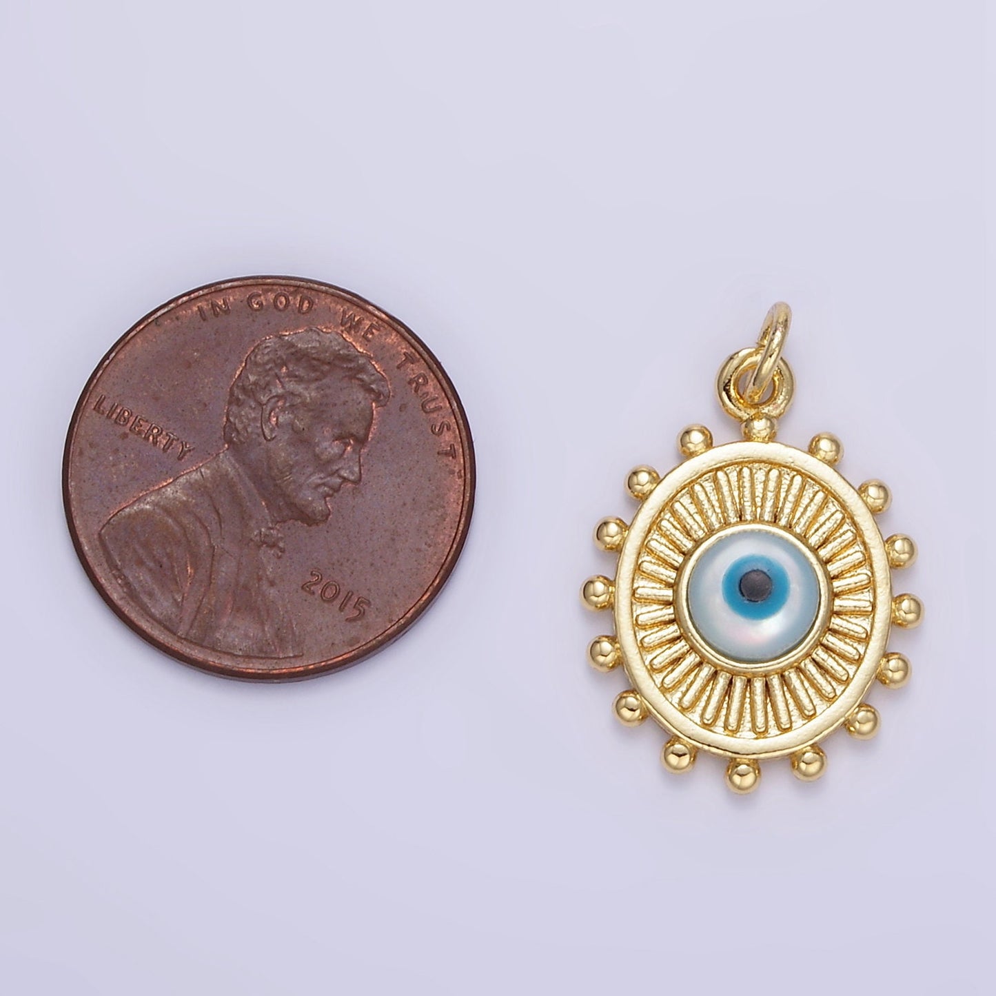 Gold Blue Evil Eye Oval Medallion Pendant 24K Gold Filled Amulet Eye of Ra Coin Charm | E364